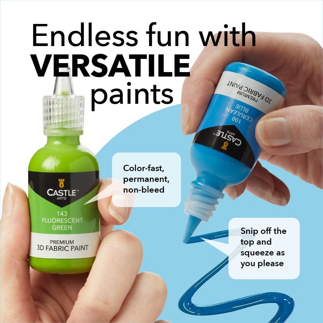 Castle Art Supplies 3D Fabric Paint Set | 24 Quality Vibrant Colors in 29ML Bottles | for Artists; For Crafters; For Fun | Clothing, Textile, Canvas, Glass, Wood, Shoes | in Strong Selection Box - Image 2