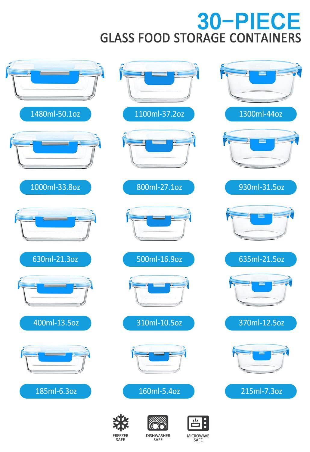 M MCIRCO 30 Pieces Glass Food Storage Containers with Upgraded Snap Locking Lids,Glass Meal Prep Containers Set - Airtight Lunch Containers, Microwave, Oven, Freezer and Dishwasher Friendly, Blue - Image 3