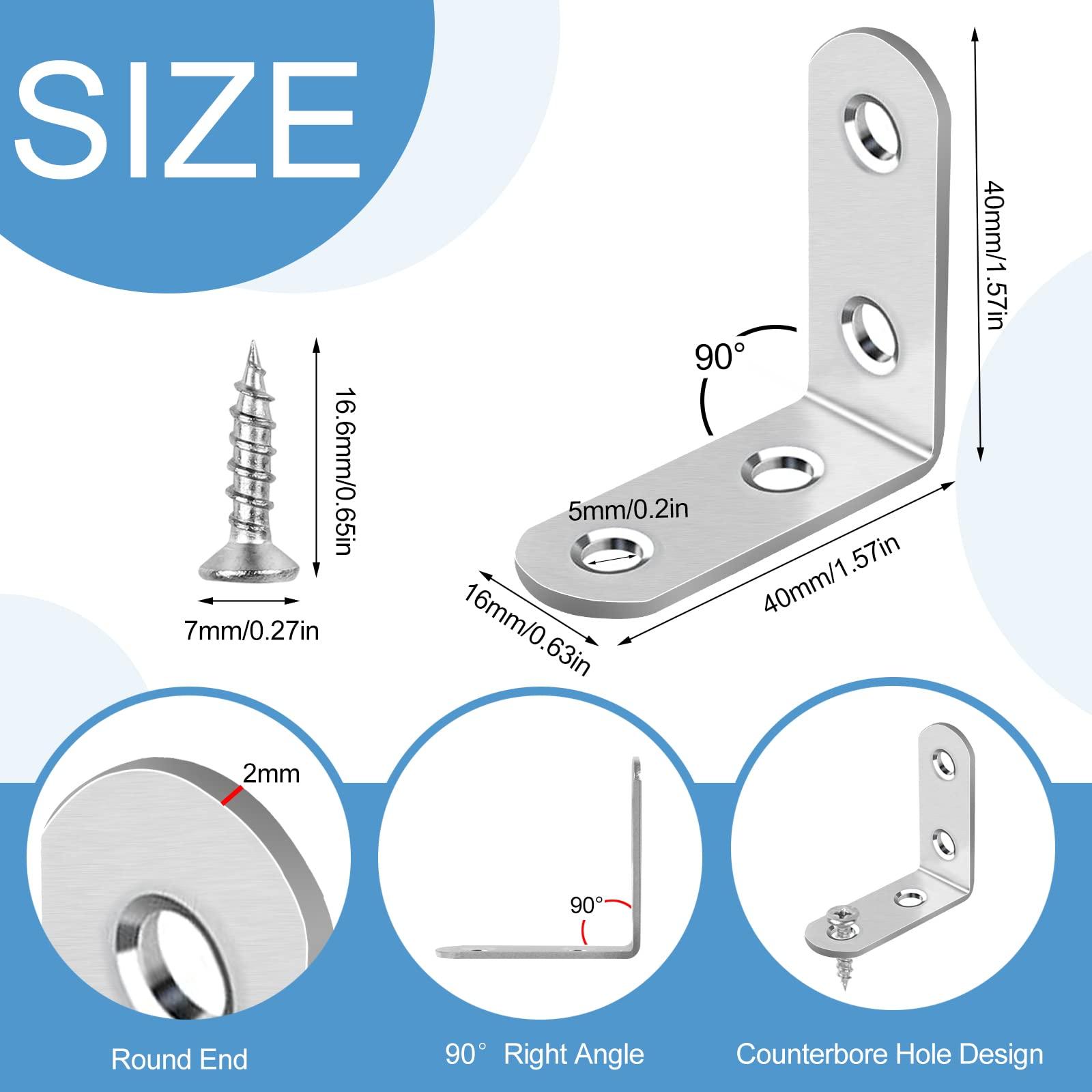 16 Pcs L Bracket Stainless Steel Corner Brace Sets, 90 Degree Right Angle Brackets with 64 Pcs Screws, L Bracket Firmware for Wooden Shelves, Chairs, Tables, Dressers, Furniture (Silver) - Image 2