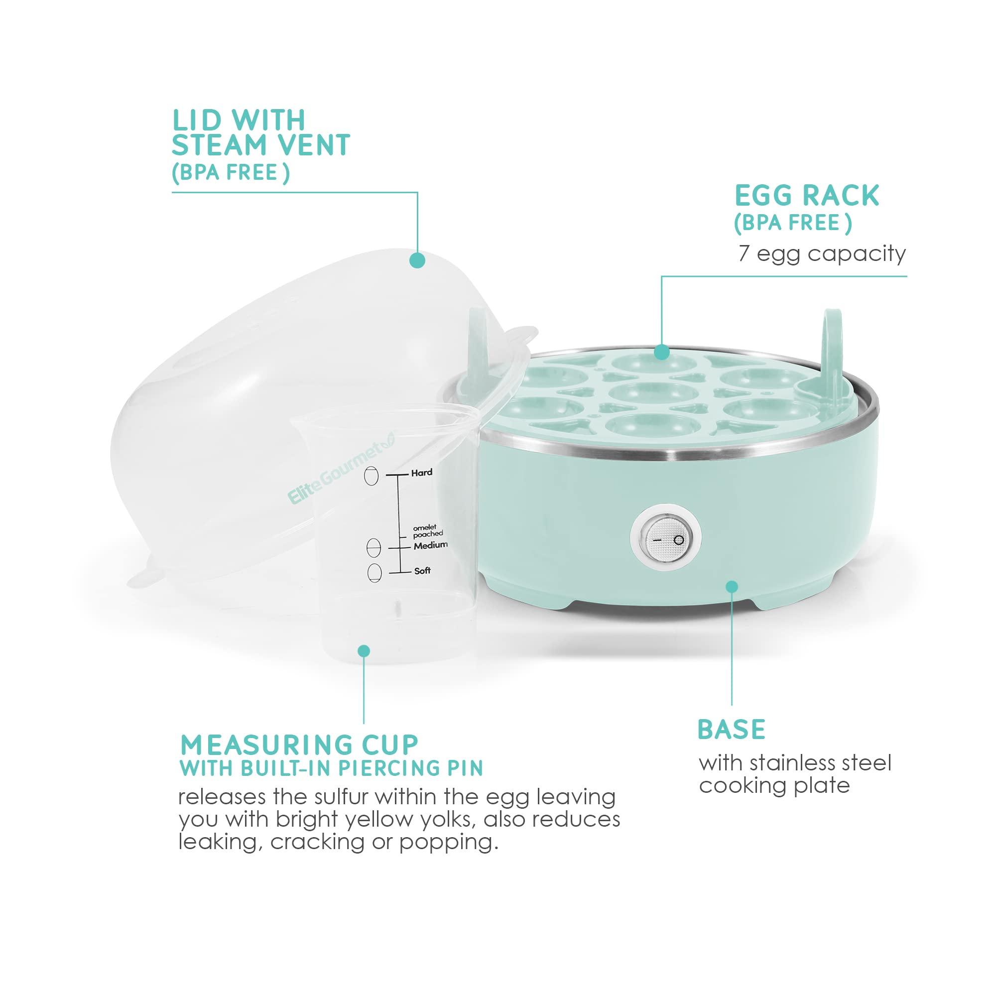 Elite Gourmet EGC115M Easy Egg Cooker Electric 7-Egg Capacity, Soft, Medium, Hard-Boiled Egg Cooker with Auto Shut-Off, Measuring Cup Included, BPA Free, Retro Mint - Image 4