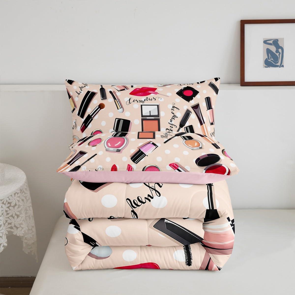 Erosebridal Fashion Comforter Set Makeup Cosmetic Theme Bedding Set Perfume Lipstick Modern Quilt Soft Microfiber Home Decor for Women Girls 1 Comforter with 2 Pillow Cases Full Size - Image 5