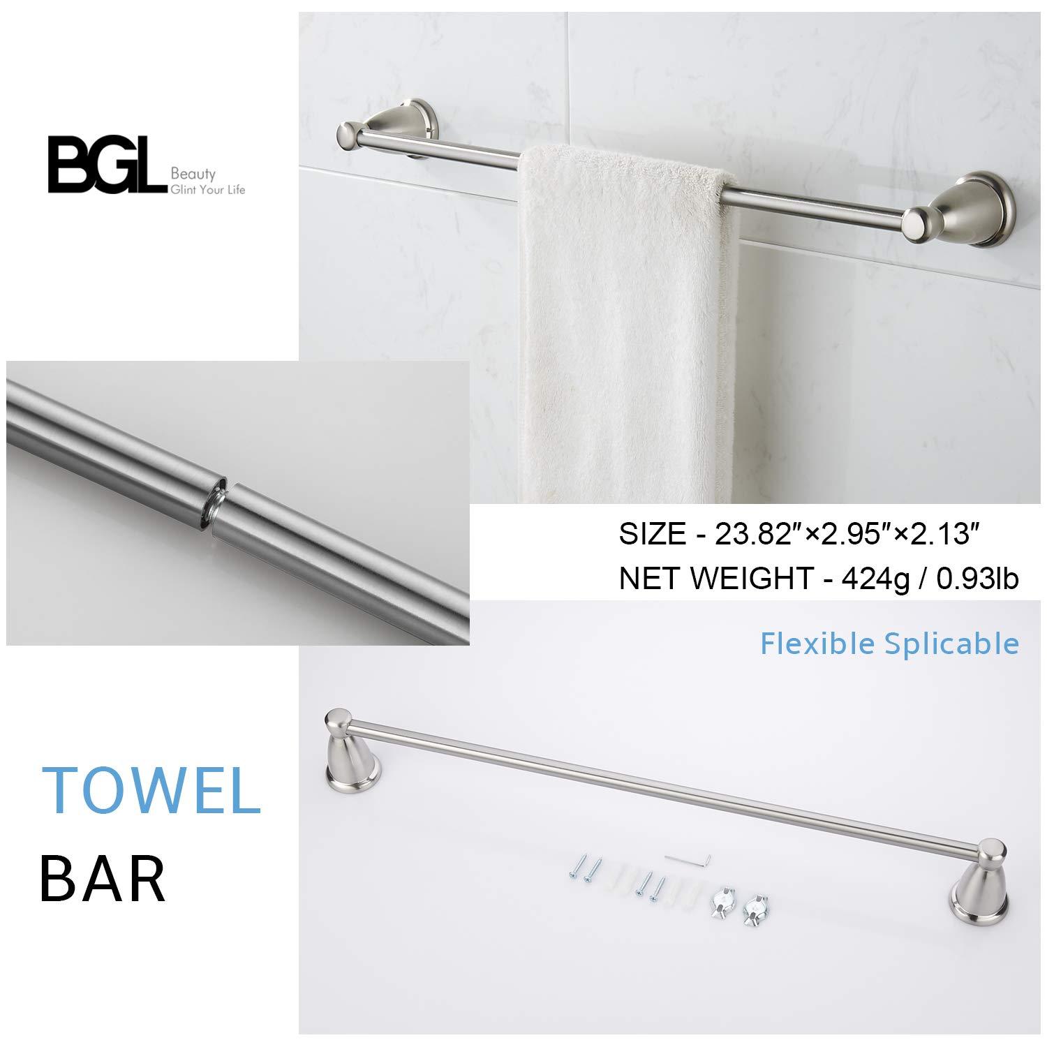 BGL 4-Piece Bathroom Accessory Set Brushed Nickel Bathroom Hardware Set 24 Inches Adjustable Towel Bar Towel Ring Paper Holder Robe Hook - Image 4