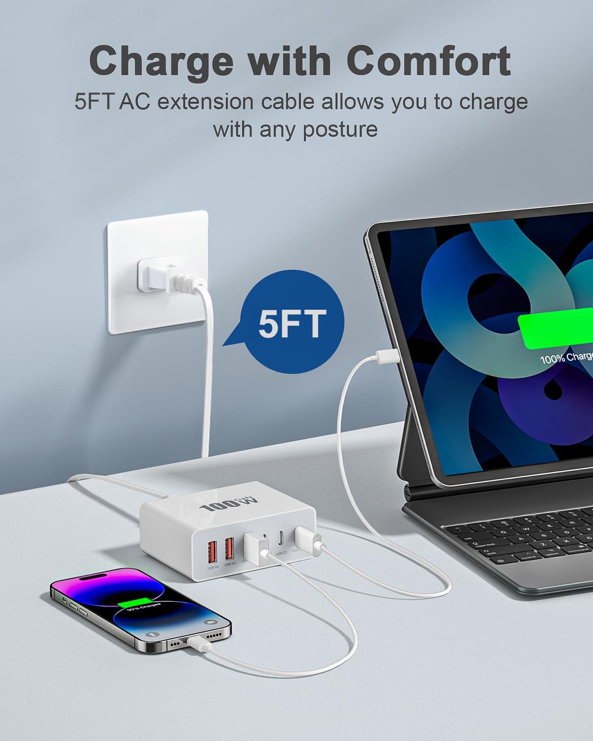 USB C Charger Block, 100W GaN Fast Charging Blocks USBC Charger 6 Port Charging Station Hub Brick Cube, USB-C Wall Charger Type C Adapter Plug for iPhone 16 15 14 13 12 11 Pro Max, Samsung, 5FT Cord - Image 7