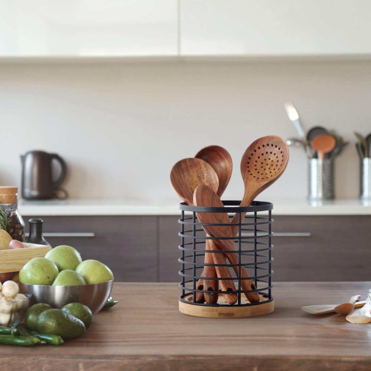 WDT Tool Utensil holder for Kitchen Counter - 5.2" x 5.2" x 6" Large Round with Wooden Base Matte Black Cooking Utensil Holder Utensil Organizer (Metal+Bamboo) - Image 5