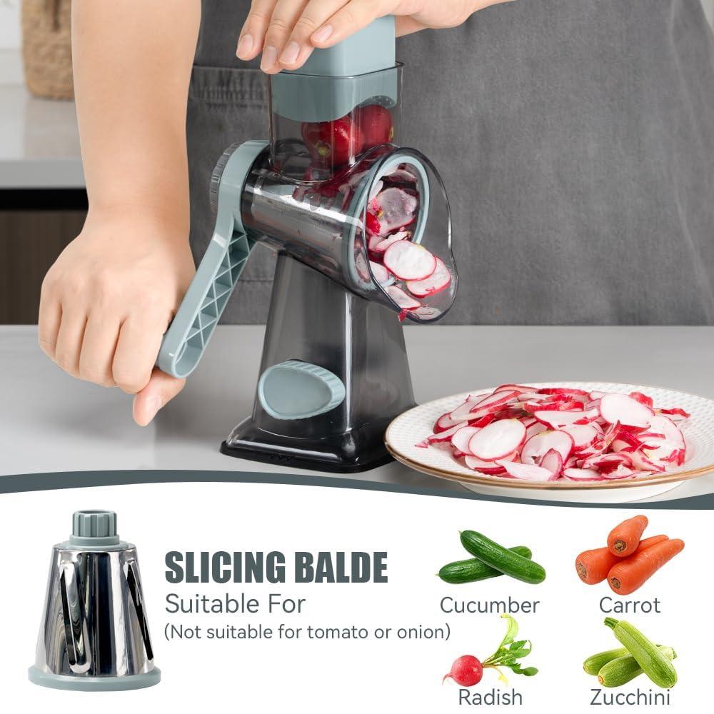 KEOUKE Rotary Cheese Grater Hand Crank Cheese Shredder Vegetable Mandoline Slicer for Kitchen 3 Changeable Blades for Cheese Potato Zucchini Nuts Chocolate - GreyBlue - Image 3