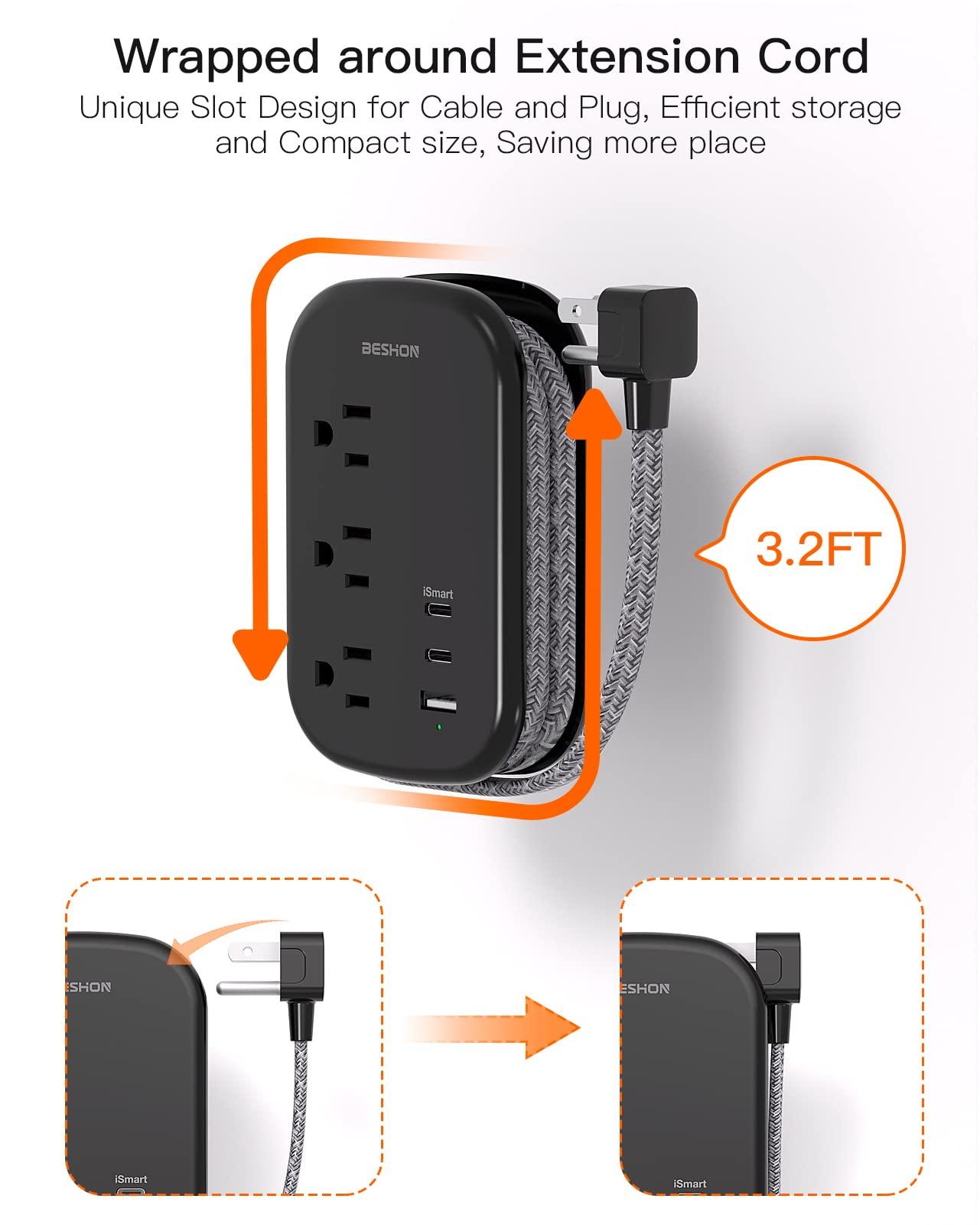 USB C Travel Power Strip, BESHON Ultra Flat Extension Cord, Flat Plug Power Strip, 3 Outlets with 3 USB Ports(2 USB C), 3.2ft Wrapped Around Extension Cord for Cruise Ship, Travel Essentials, Black - Image 3