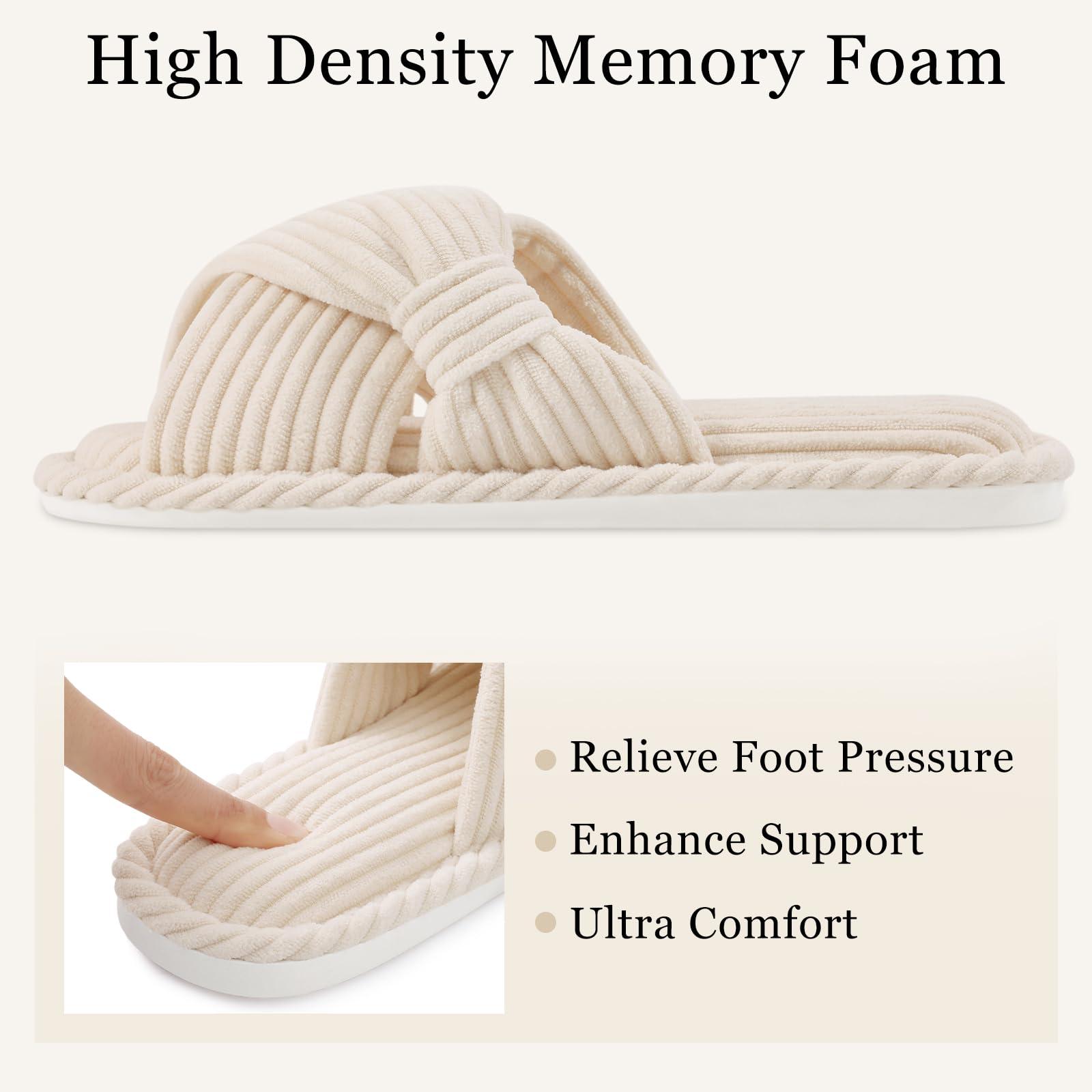 Evshine Summer House Slippers for Women Corduroy Cross Bow Indoor Slippers Open Toe Slip On Bedroom Shoes with Memory Foam - Image 4