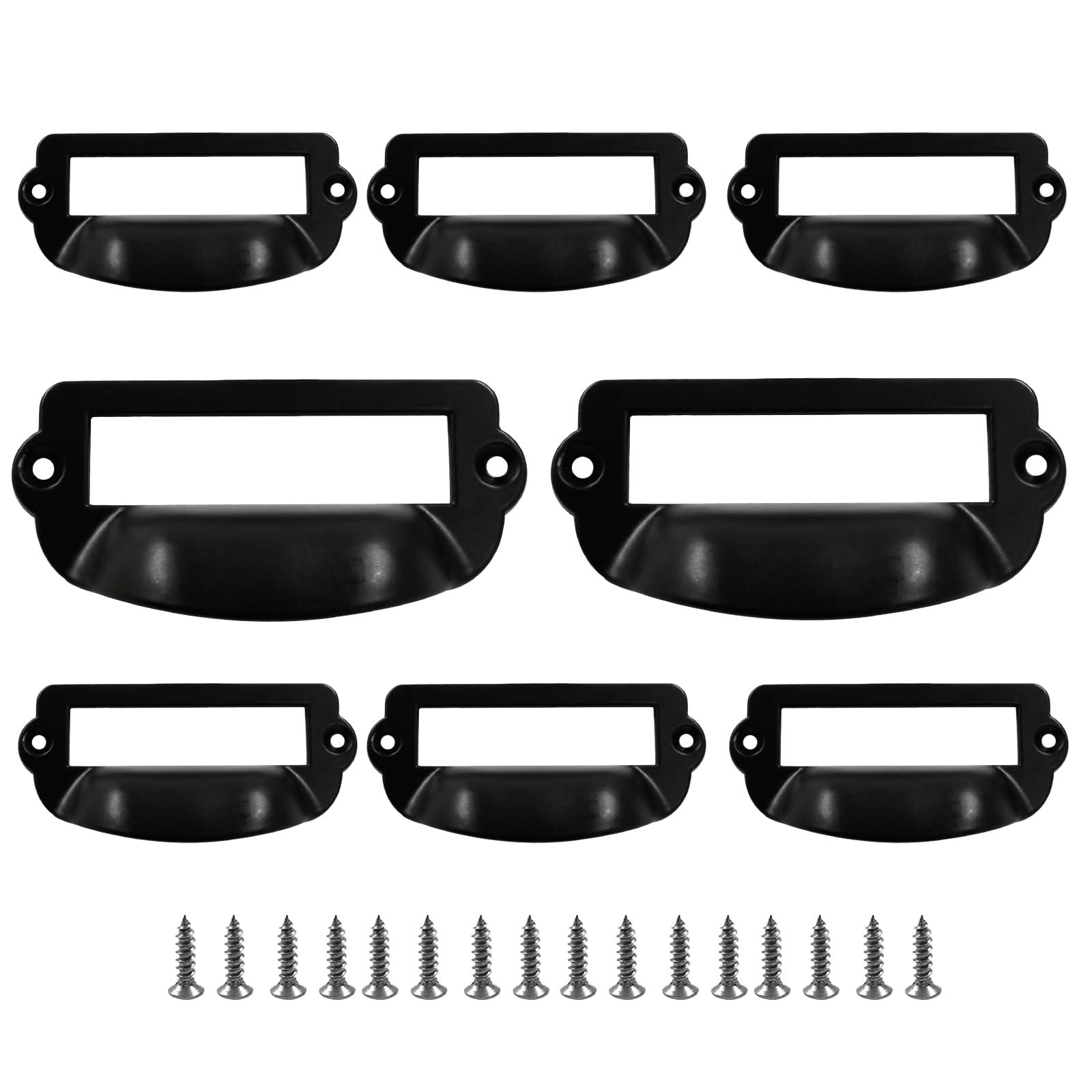 suiwotin 8pcs Card Catalog Drawer Pulls, Antique Black Library File Label Cabinet Pull Handle, Apothecary Drawer Pulls for Office, Furniture, Cupboard Cabinet (Bin Cup Style)