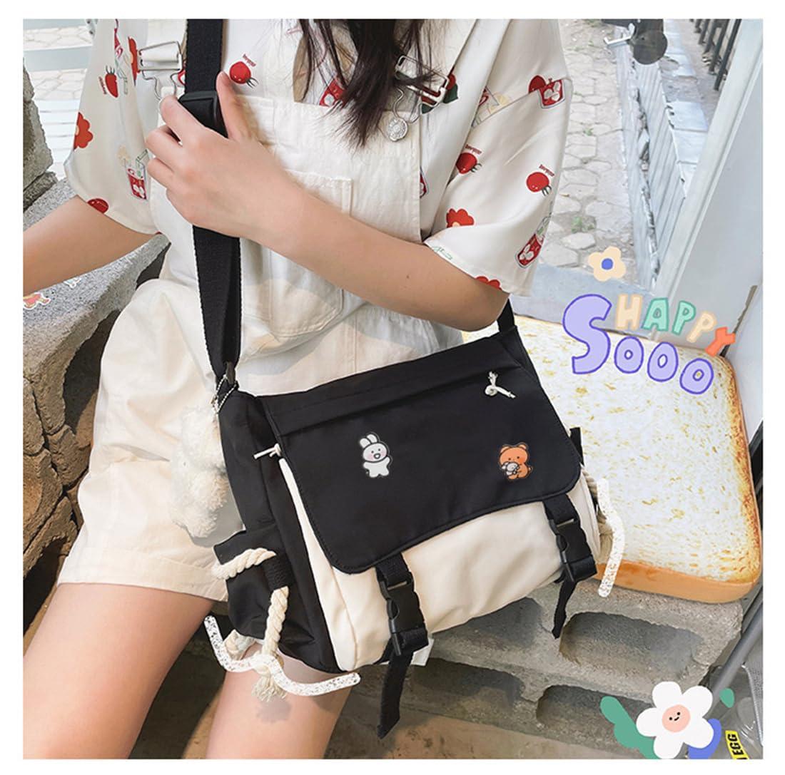 PRLINJSK Cute Messenger Bag for Teen Girls Women, Kawaii Crossbody Shoulder Purse with Pins and Stuffed Pendant Gift - Image 2