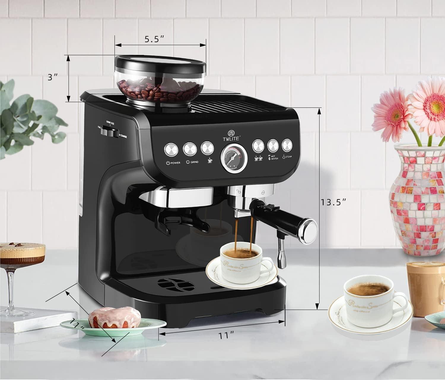 TWLITE 𝐄𝐬𝐩𝐫𝐞𝐬𝐬𝐨 𝐌𝐚𝐜𝐡𝐢𝐧𝐞 𝐰𝐢𝐭𝐡 𝐆𝐫𝐢𝐧𝐝𝐞𝐫, Professional Espresso Maker with Milk Frother Steam Wand, 15 Bar Barista Cappuccino Machine - Image 2