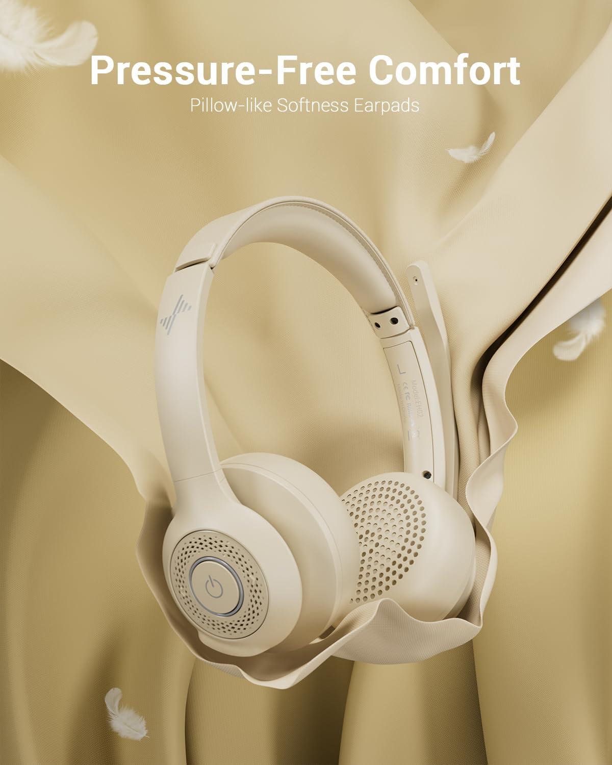 JIAMQISHI Wireless Headset with AI Noise Cancelling Microphone Bluetooth Headset - Bluetooth V5.2 Headphones with USB Dongle & Mic Mute for Computer/Laptop/PC/iPhone/Android/Cell Phones/Zoom-Apricot - Image 4