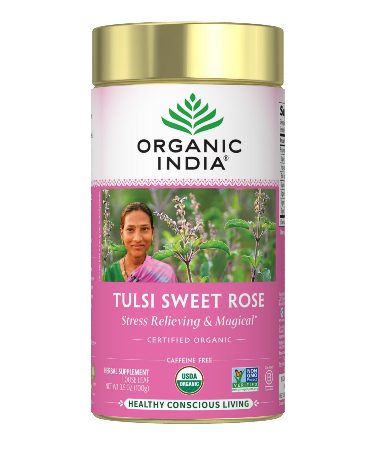 ORGANIC INDIA Tulsi Sweet Rose Herbal Tea - Holy Basil Leaf, African Basil, Chamomilie, Lemon Myrtle, Stress Relieving, Immune Support, USDA Certified Organic, Caffeine-Free - 3.5 oz Canister