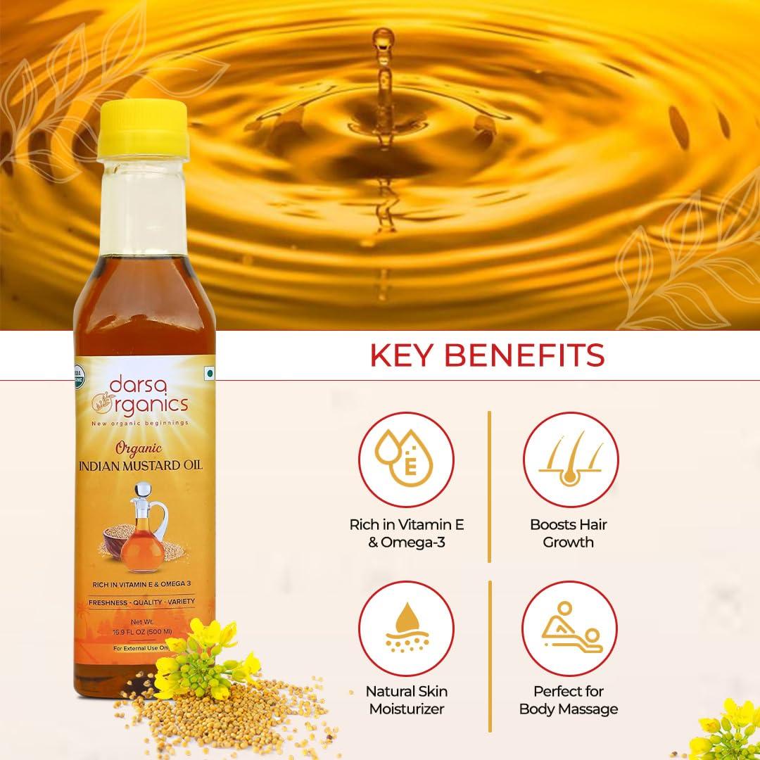 Darsa Organics Cold-Pressed Mustard Oil 16.9 fl oz – USDA Organic, Unrefined & Chemical-Free – Rich in Vitamin E & Omega-3 – Pure Mustard Seed Oil for Hair, Skin & Massage (500ml) - Image 6