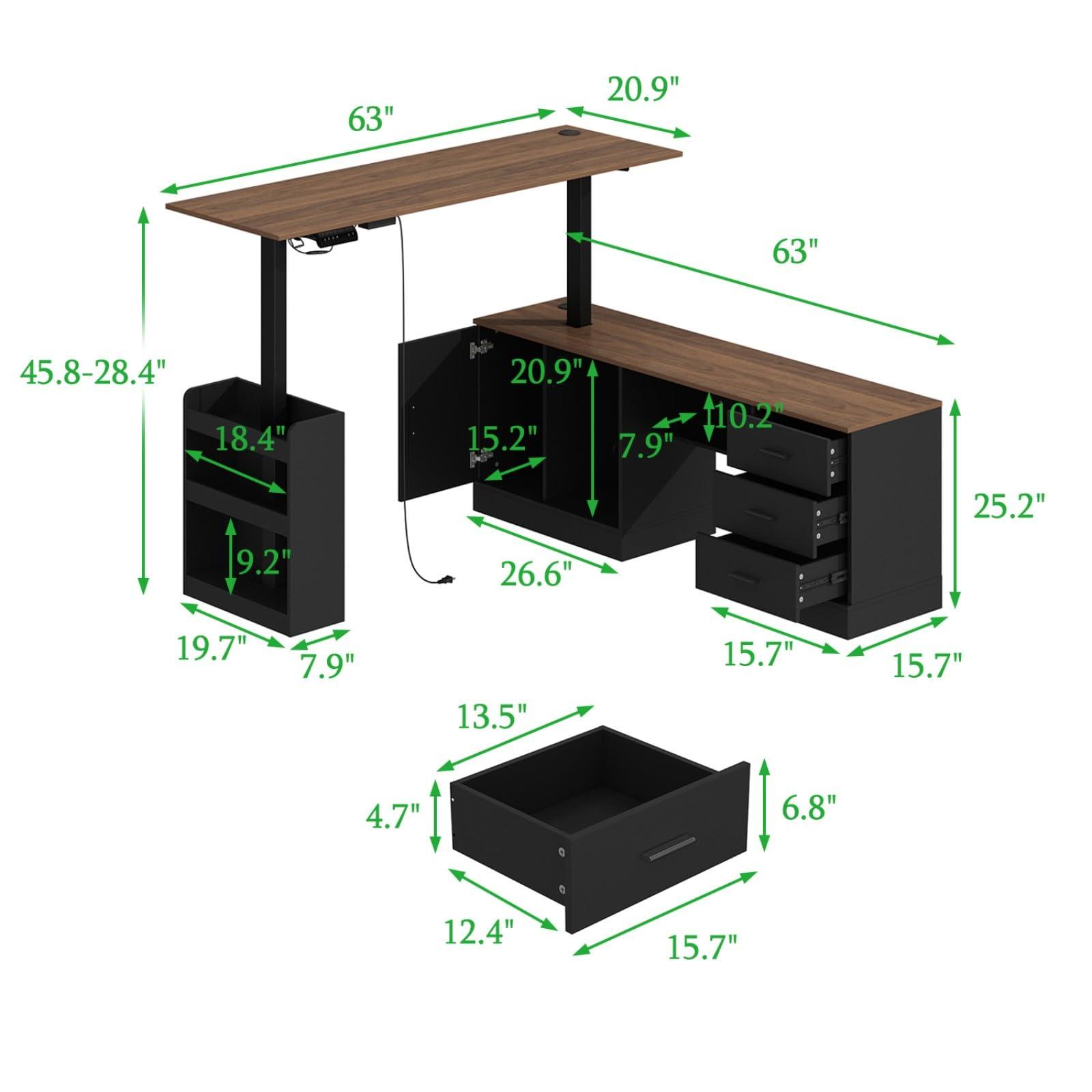 MOUMON Electric Standing Desk with Drawers and Shelves, Executive Adjustable Height Desk, L-Shaped Design, 63 inch Tabletop, for Office Deep Brown and Black (63”W x 63”D x 28.4-45.8”H) - Image 2