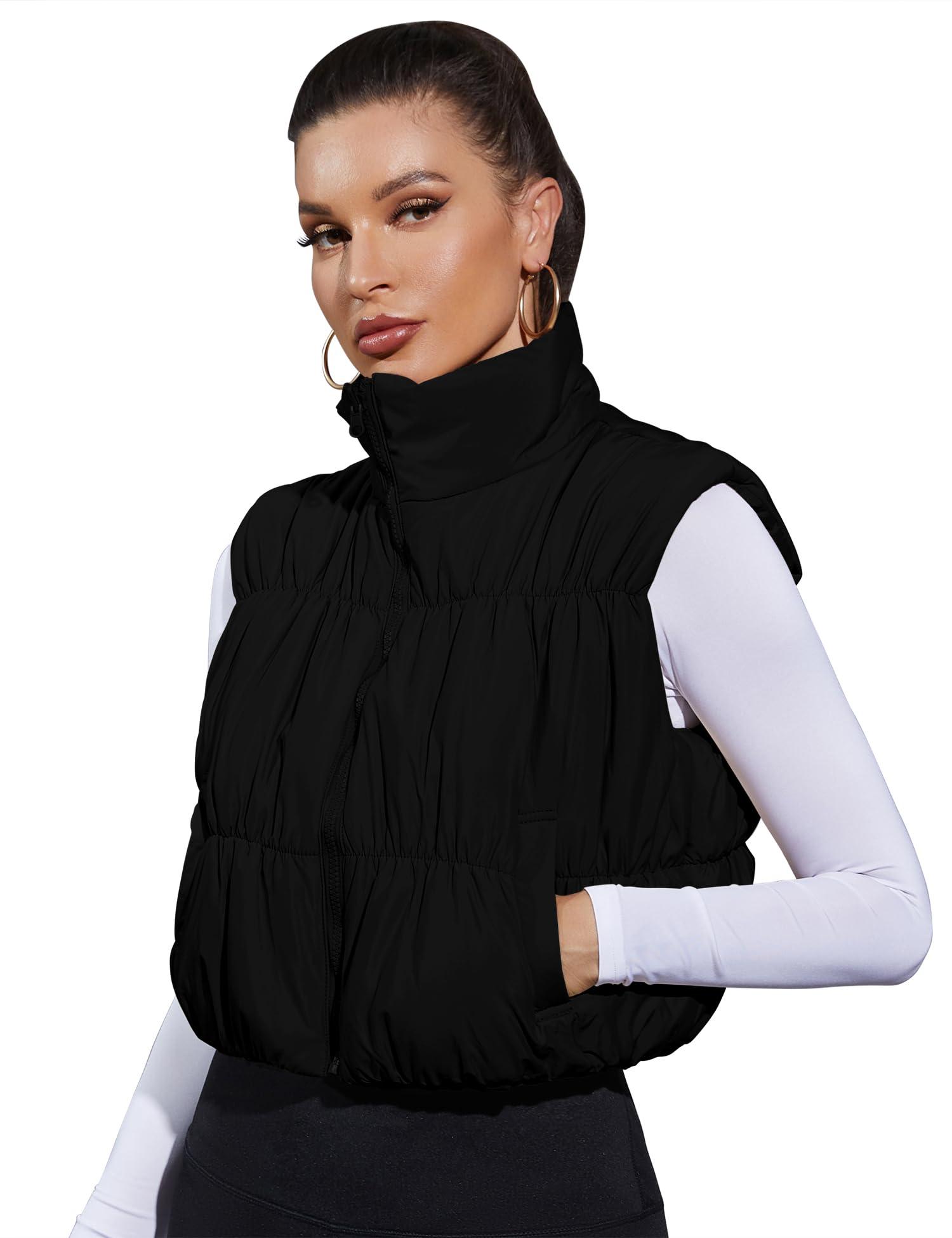 LUYAA Women's Crop Puffer Vest Lightweight Stand Collar Sleeveless Zip Up Padded Gilet Coat Black M - Image 5