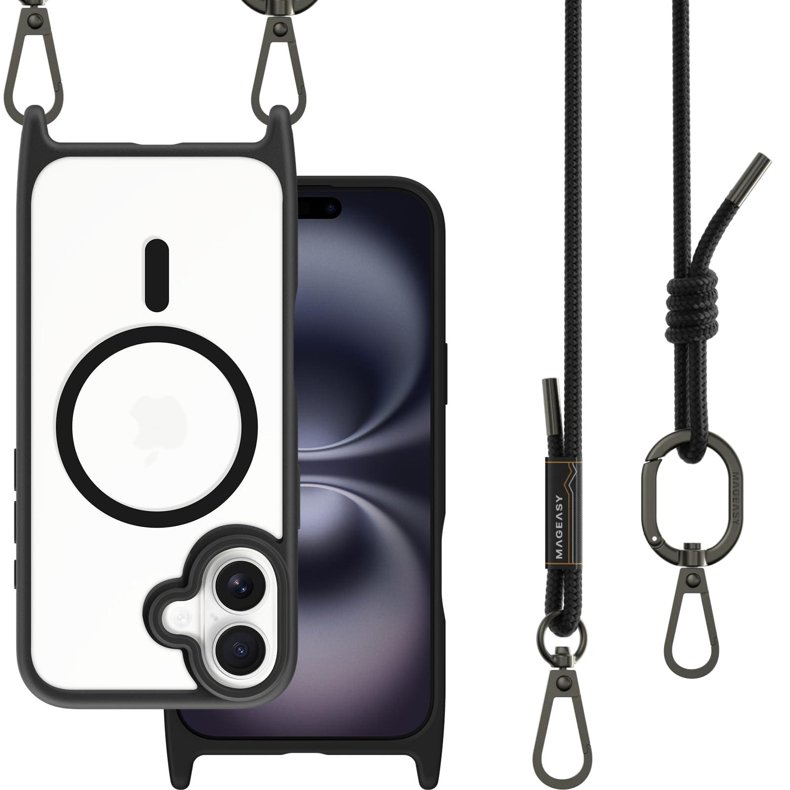 MAGEASY Case for iPhone 16 6.1" - Case with Crossbody Strap, 16ft Drop Protection, Compatible with MagSafe | Roam M (Black)