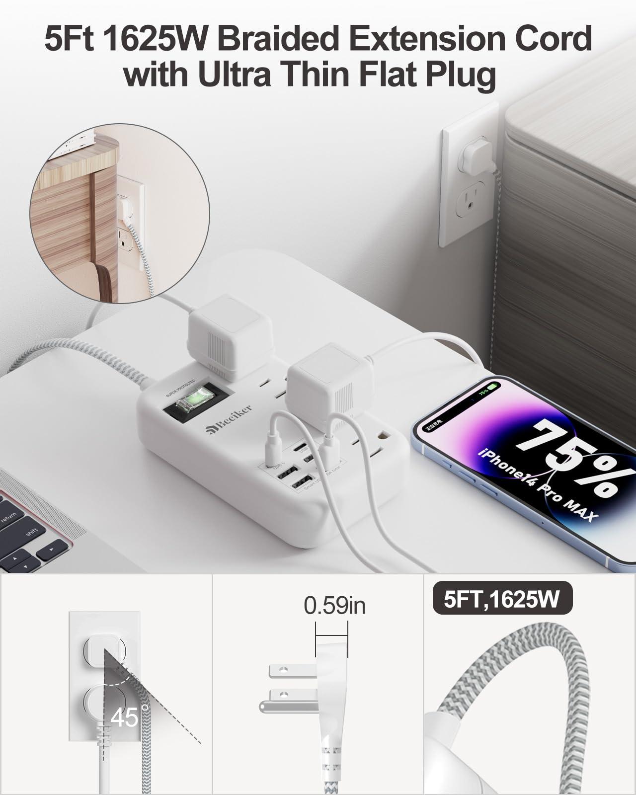 6 USB(2 USB C) Surge Protector Power Strip- 5Ft Travel Power Strip with 4.8A USB Charging Station and 4 Extendable Outlet, 13A Flat Plug Braided Extension Cord with Wall Mount for Travel Office Dorm - Image 4