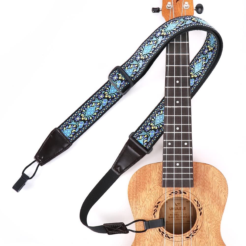Eyeshot Ukulele Strap No Drill, Adjustable Double J Hook Clip on Uke Shoulder Strap, Hawaiian Jacquard Blue Flower Hands Free Ukelele Strap, Easy to Use and Fit Most Standard Uke Sizes