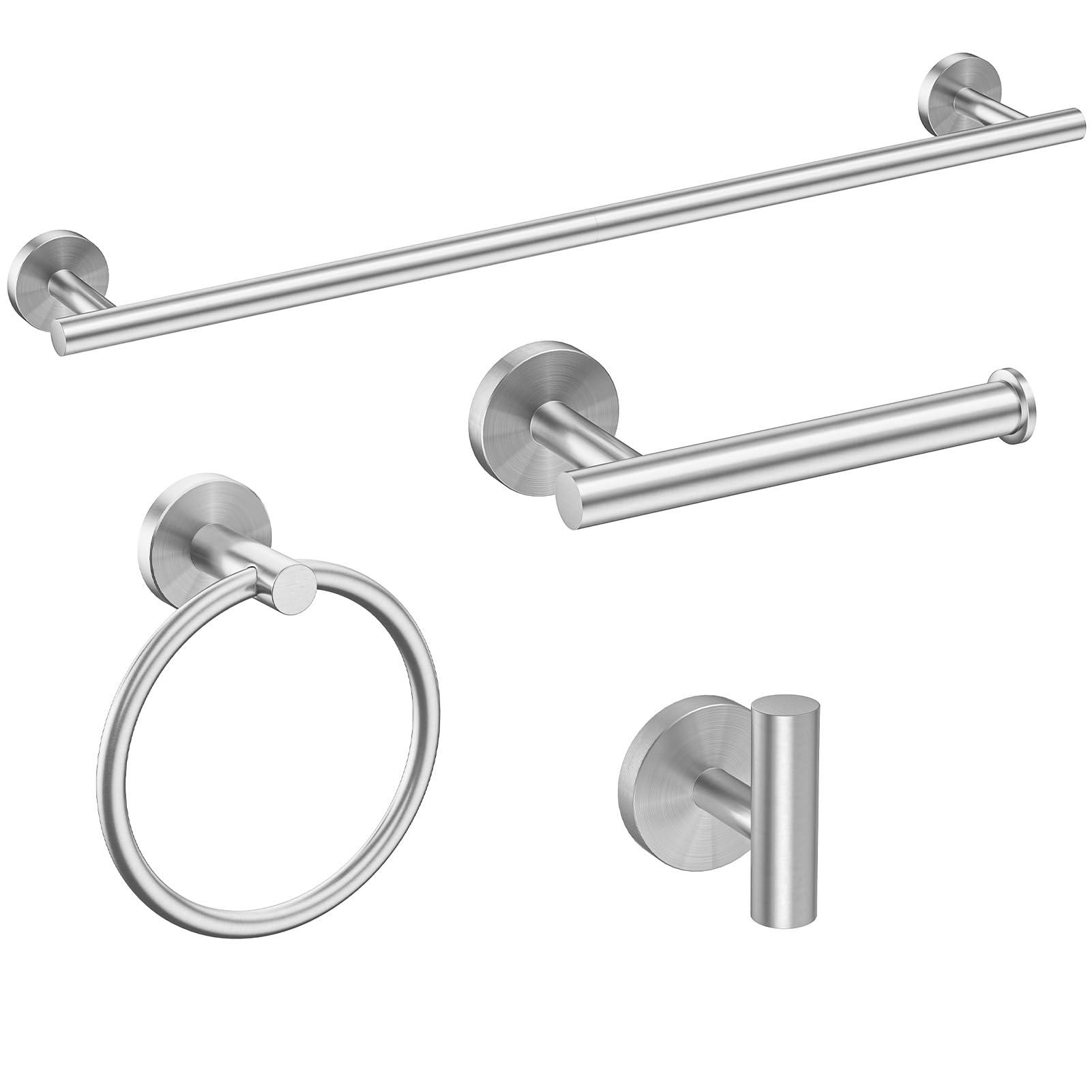 USHOWER Brushed Nickel Bathroom Hardware Set, Modern 24-Inch Towel Bar Set Wall Mounted, Durable SUS304 Stainless Steel Bathroom Accessories Set, 4-Piece