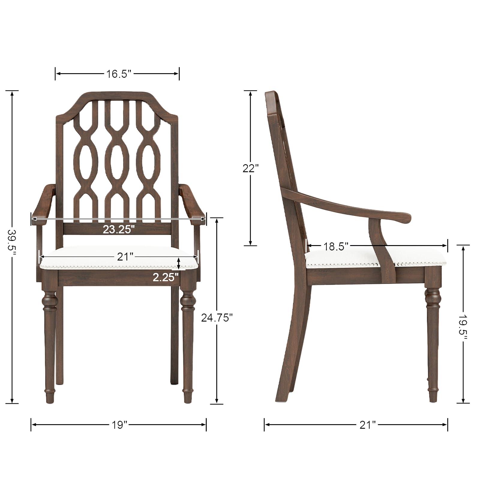 Kmax Dining Chairs Set of 4 Light Luxury Carving Craft Dining Room Chair with Brown Wood Frame Upholstered Seat Arm Chair with Lattice Back for Kitchen, White Chenille - Image 2