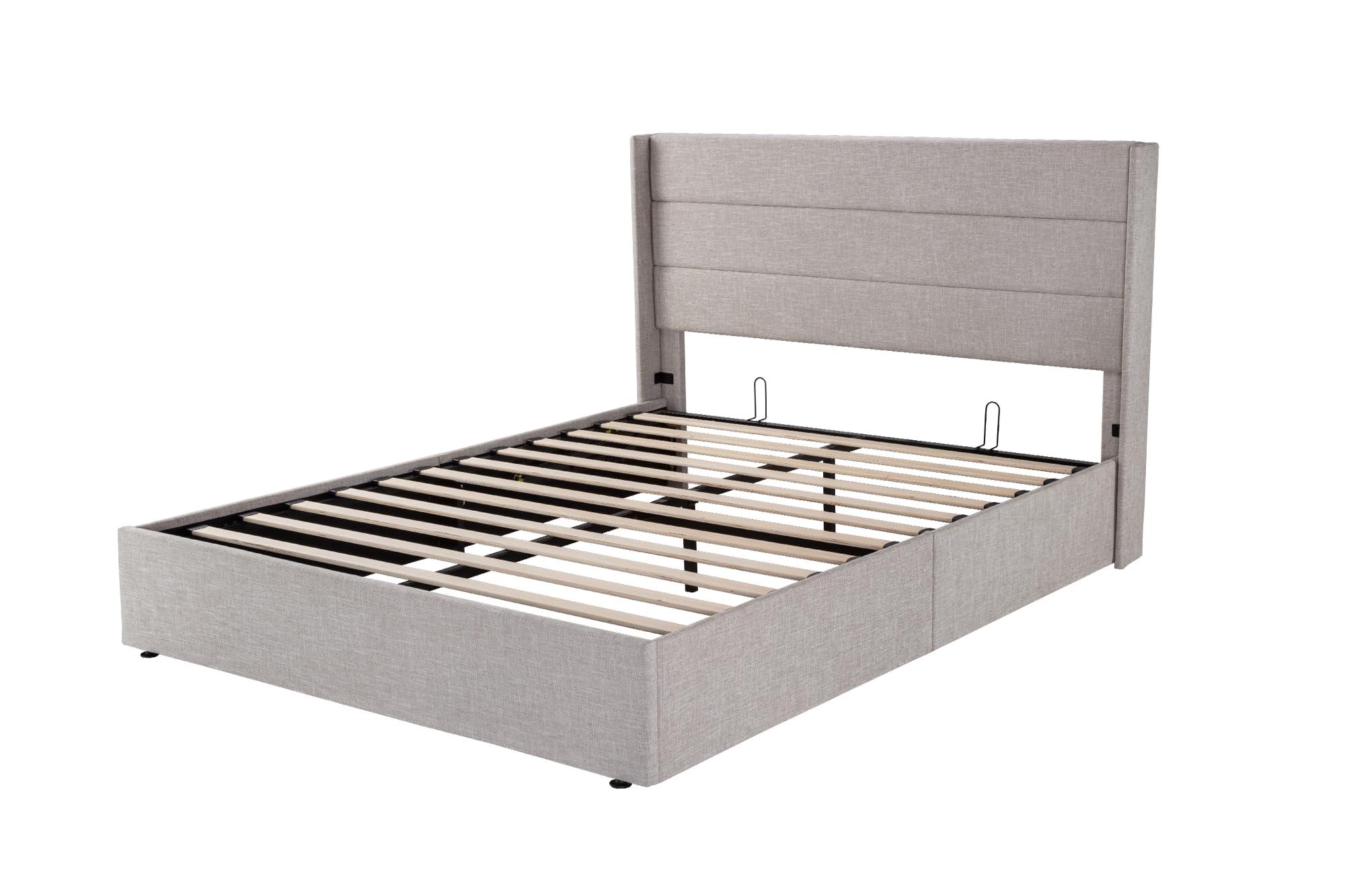 Allewie Queen Size Lift Up Storage Bed, Modern Wingback Headboard, Hydraulic Support, No Box Spring Needed, Light Beige - Image 9
