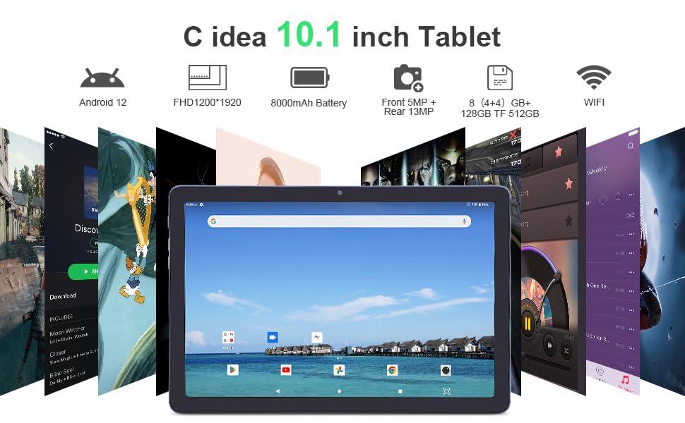 C idea 10.1 inches Tablet,Android 12.0 Tablet 8GB RAM 128GB ROM (1TB TF),1920 * 1200 Full HD Screen,8 Core Unisoc T606 CPU,2.4G/5G WiFi,8MP+13MP Camera,6000mAh Long Battery,Face Unlocked(Gray) - Image 2