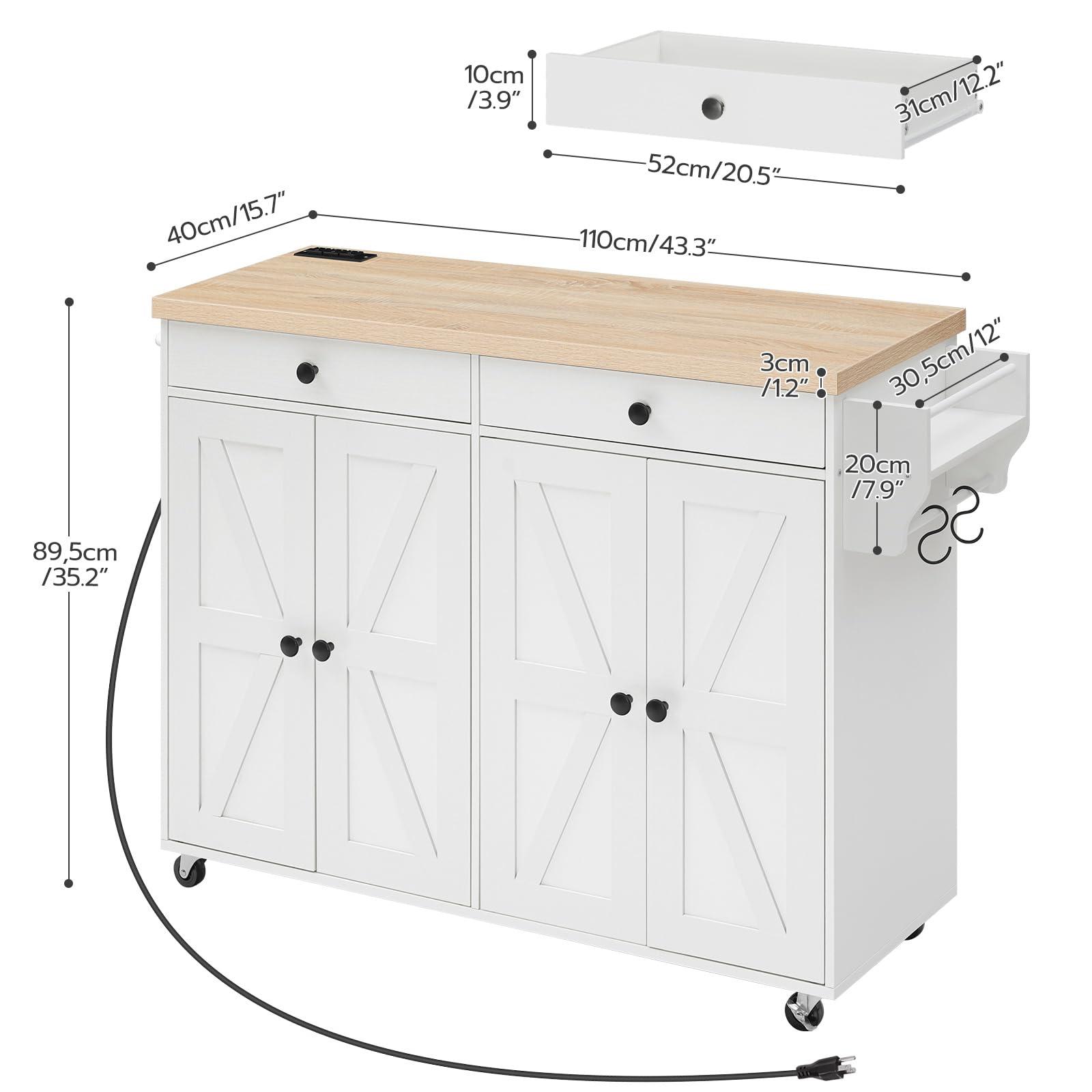 HOOBRO 43.3 Inch Kitchen Island with Charging Station, Rolling Kitchen Island with Storage, Rolling Cart with Spice Rack and Hooks, for Dining, Living Room, White and Natural WN11UZD01 - Image 2
