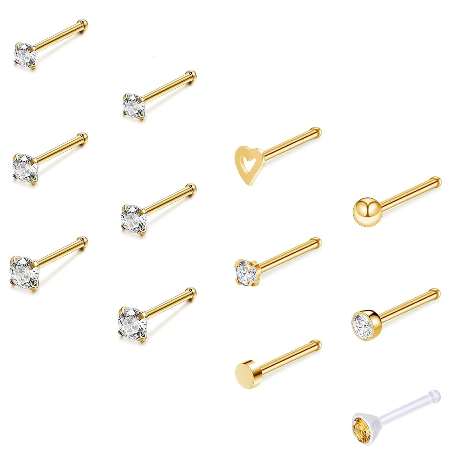 ZS 12Pcs 20G Nose Studs Rings - Surgical Steel L Shape Nose Bone Nose Screw CZ Nostril Piercing Jewelry for Women
