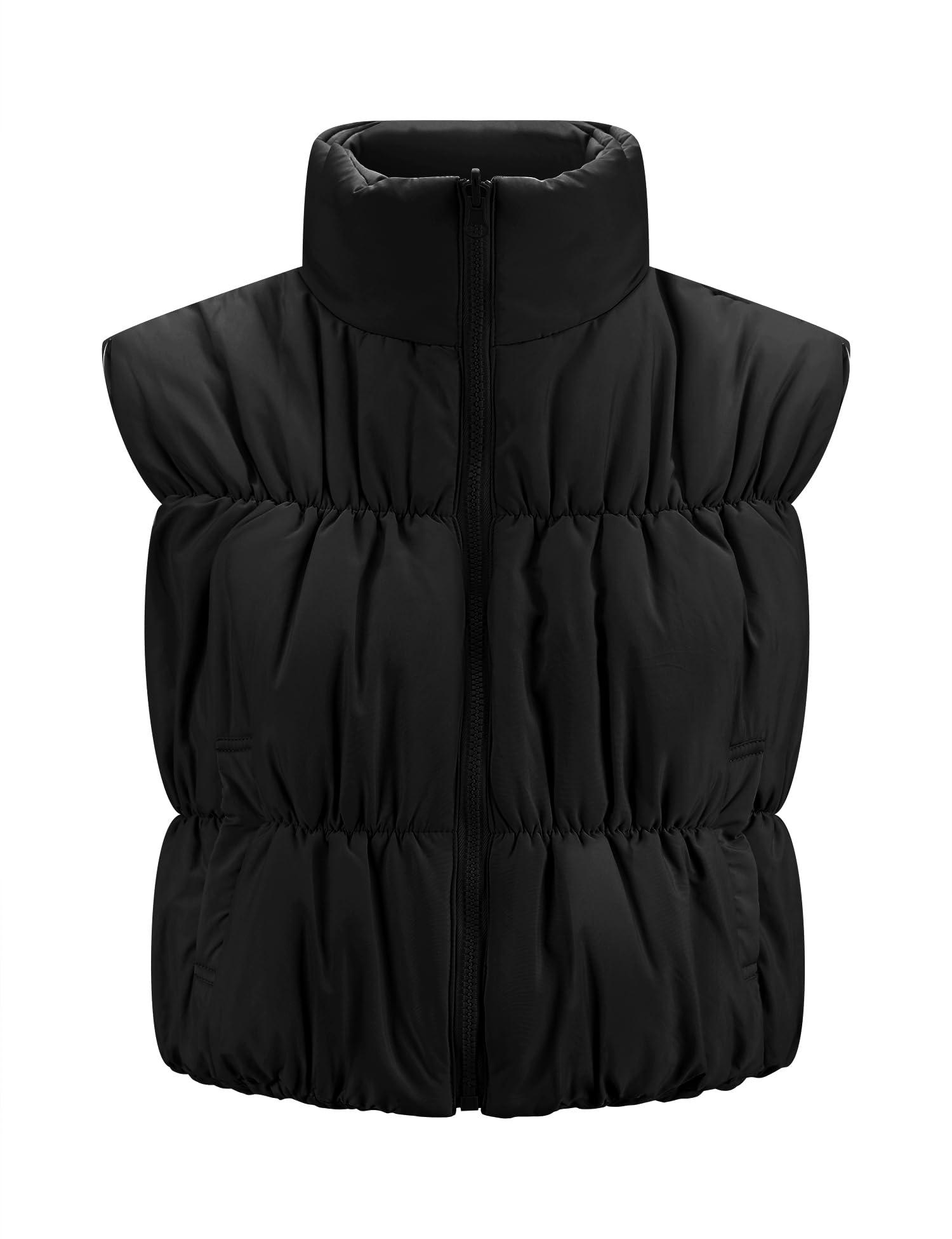 LUYAA Women's Crop Puffer Vest Lightweight Stand Collar Sleeveless Zip Up Padded Gilet Coat Black M - Image 2