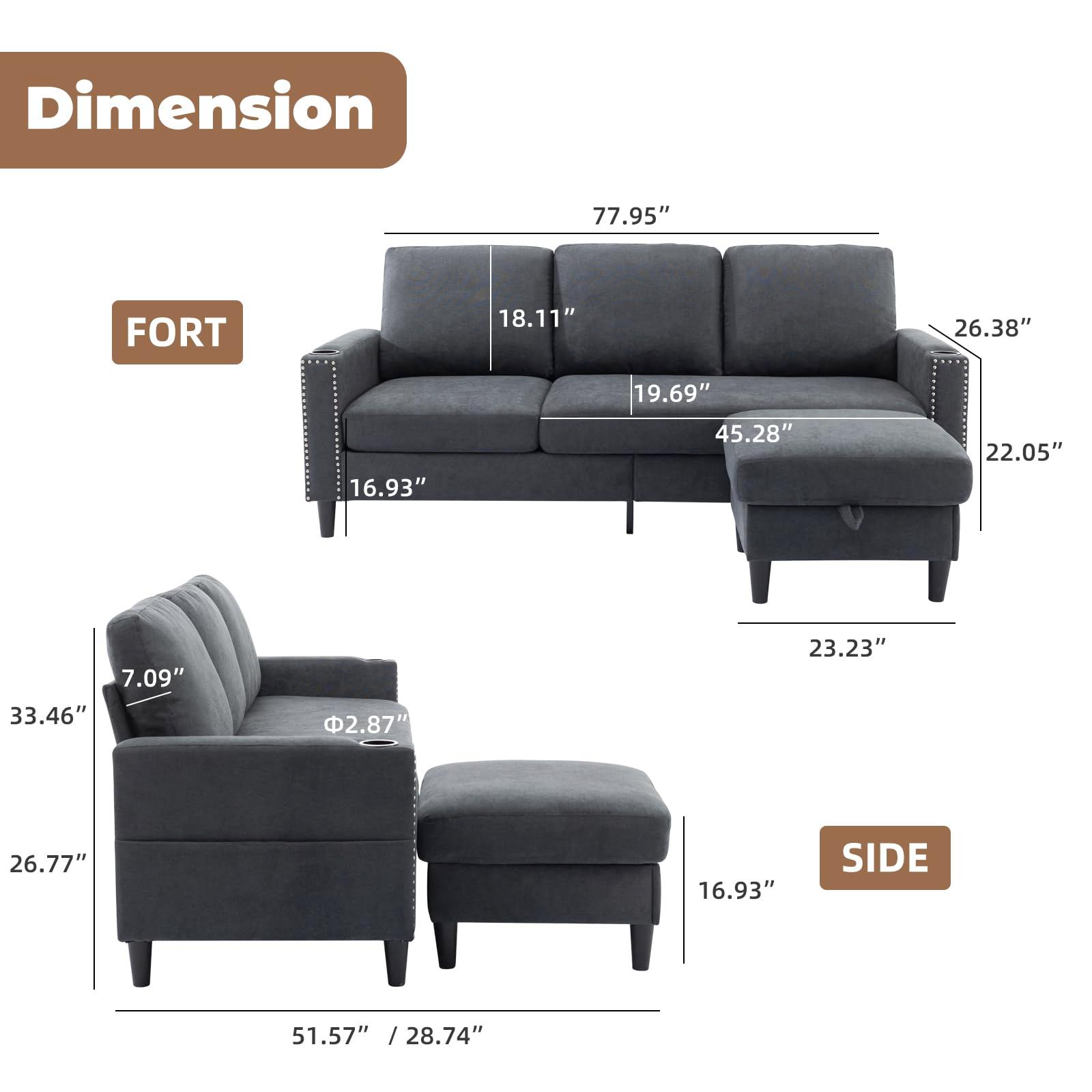 Siiejia Convertible Sectional Couches for Living Room, L-Shaped Couch 3 Seats Sofas with Storage Chaise & 2 Cup Holders, Small Sofa for Apartment, Compact Spaces, Dark Grey - Image 2