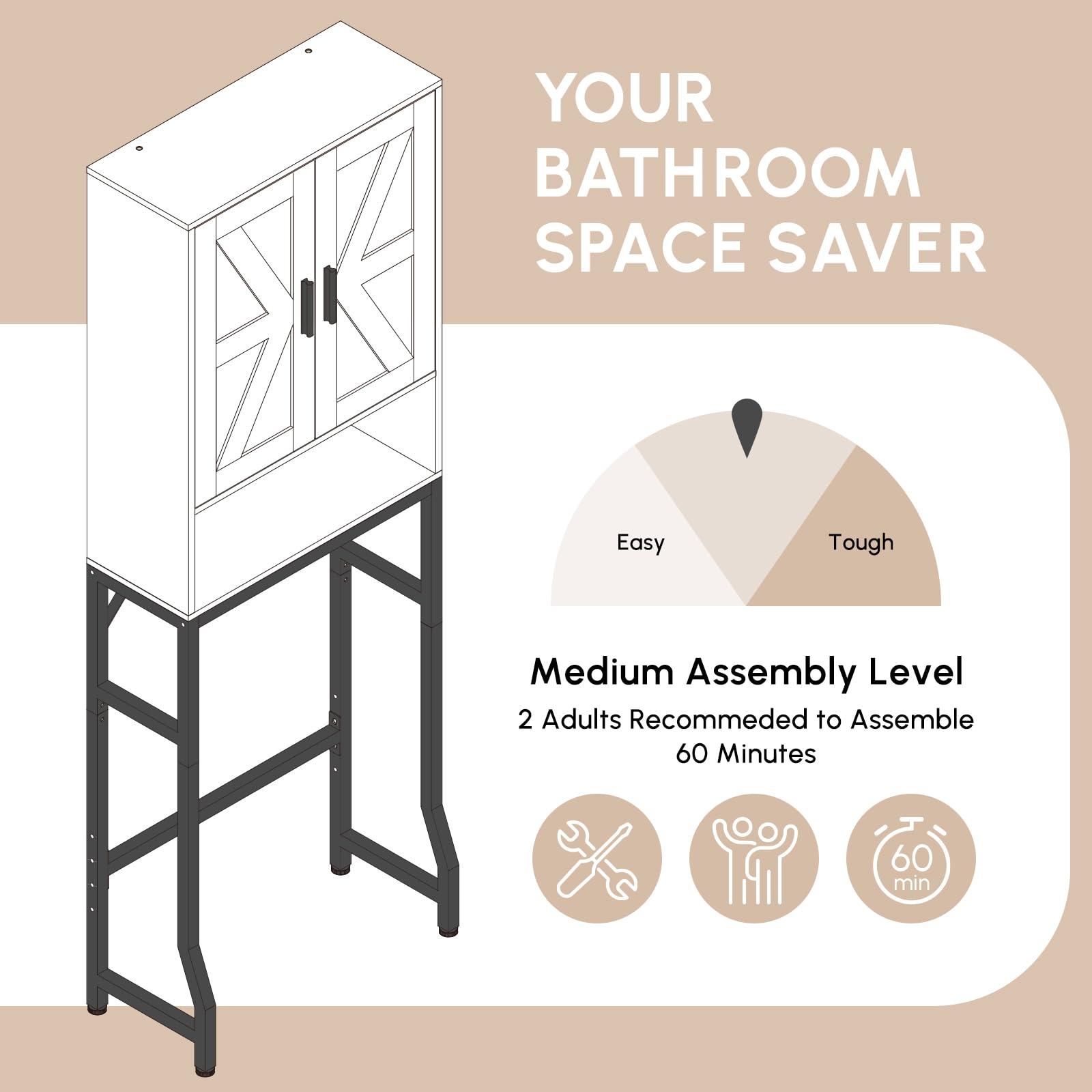 USHOWER Over The Toilet Storage Cabinet, Bathroom Organizers and Storage with Barn Doors, Thicken Metal Stand & MDF Wood Above Toilet Storage Cabinet, Freestanding Space Saver, White - Image 9