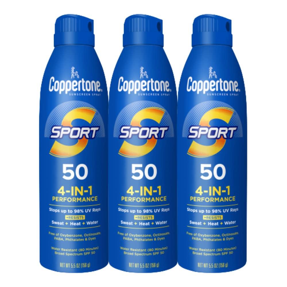 Coppertone Sport Sunscreen Spray SPF 50, Water Resistant Spray Sunscreen Bulk Pack, 5.5 Oz, Pack of 3