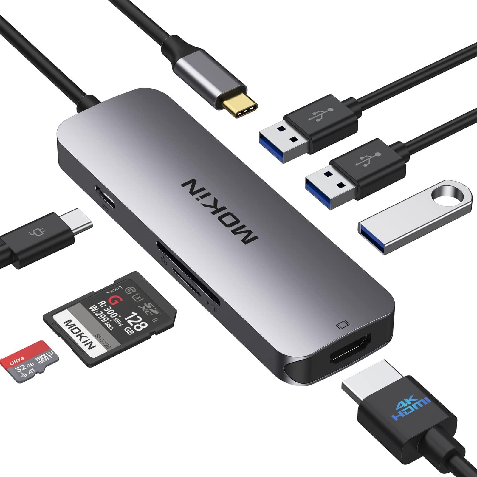 USB C Adapter for MacBook Pro/Air, MOKiN USB CHub, Mac Dongle, 7 in 1 Multiports USBC Hub to 3 USB 3.0, 4K HDMI, SD/TF Card Reader and 100W PD Adapters for Dell HP Lenovo Surface and More