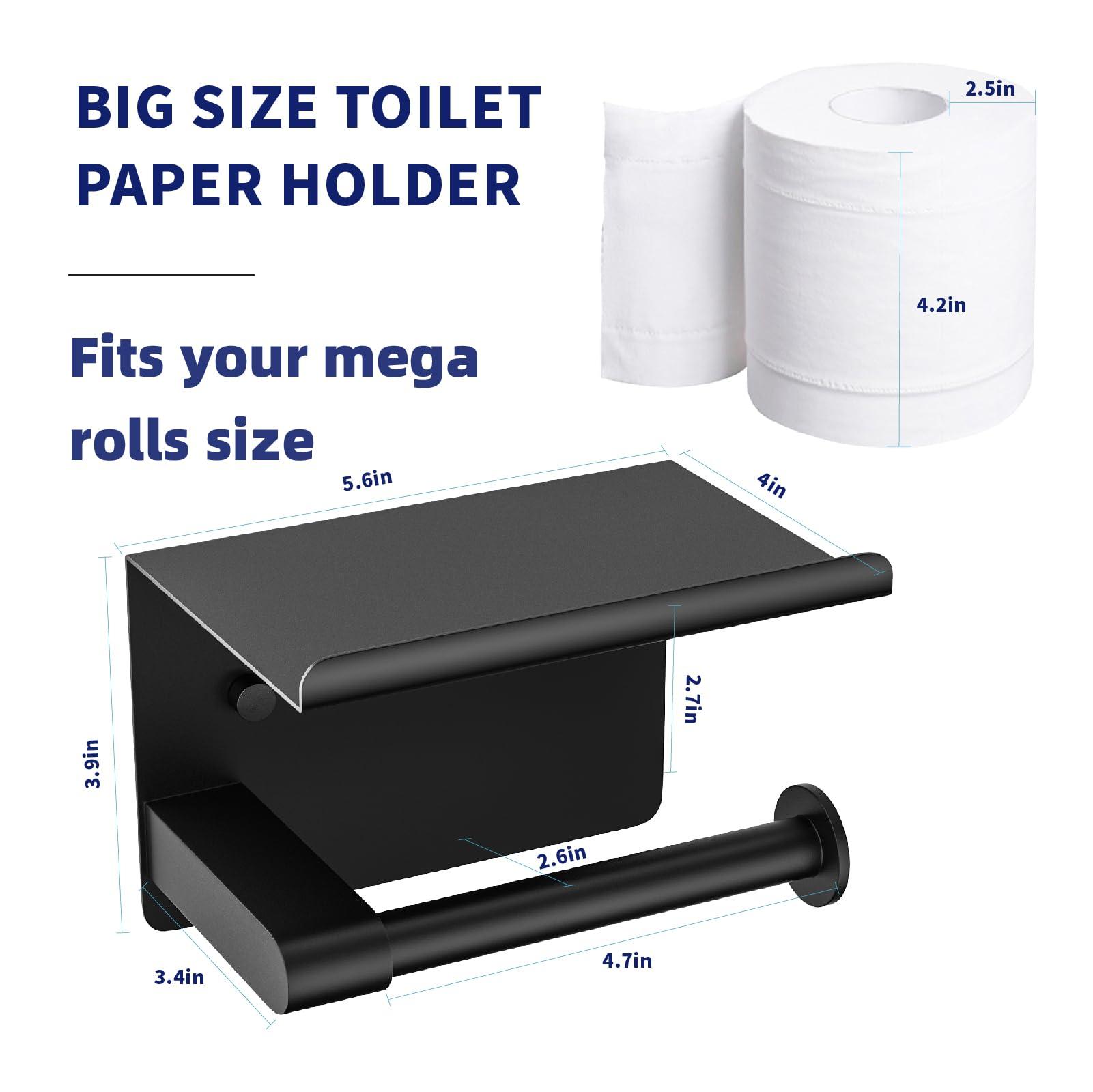 GLNLQ Matte Black Toilet Paper Holder with Shelf, Fits Mega Rolls, Rustproof Stainless Steel, Self Adhesive Wall Mount Toilet Paper Roll Holder, for Bathroom, Washroom, Kitchen, RV - Image 3