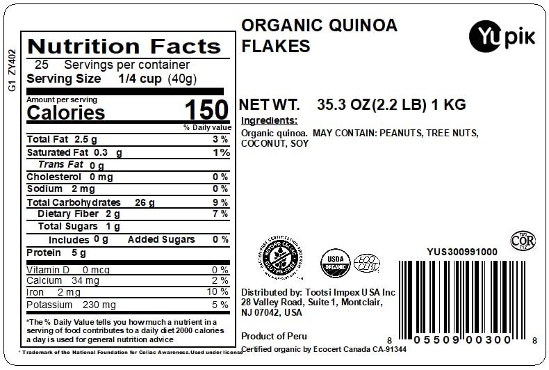Yupik Organic White Quinoa Flakes, 2.2 lb (35.2 oz), Non-GMO, Gluten-Free, Kosher, Vegan, Salt-Free, Oil-Free, Plant-Based Protein, Source of Fiber, Alternative to Oats, Ideal for Baking & Cooking - Image 2