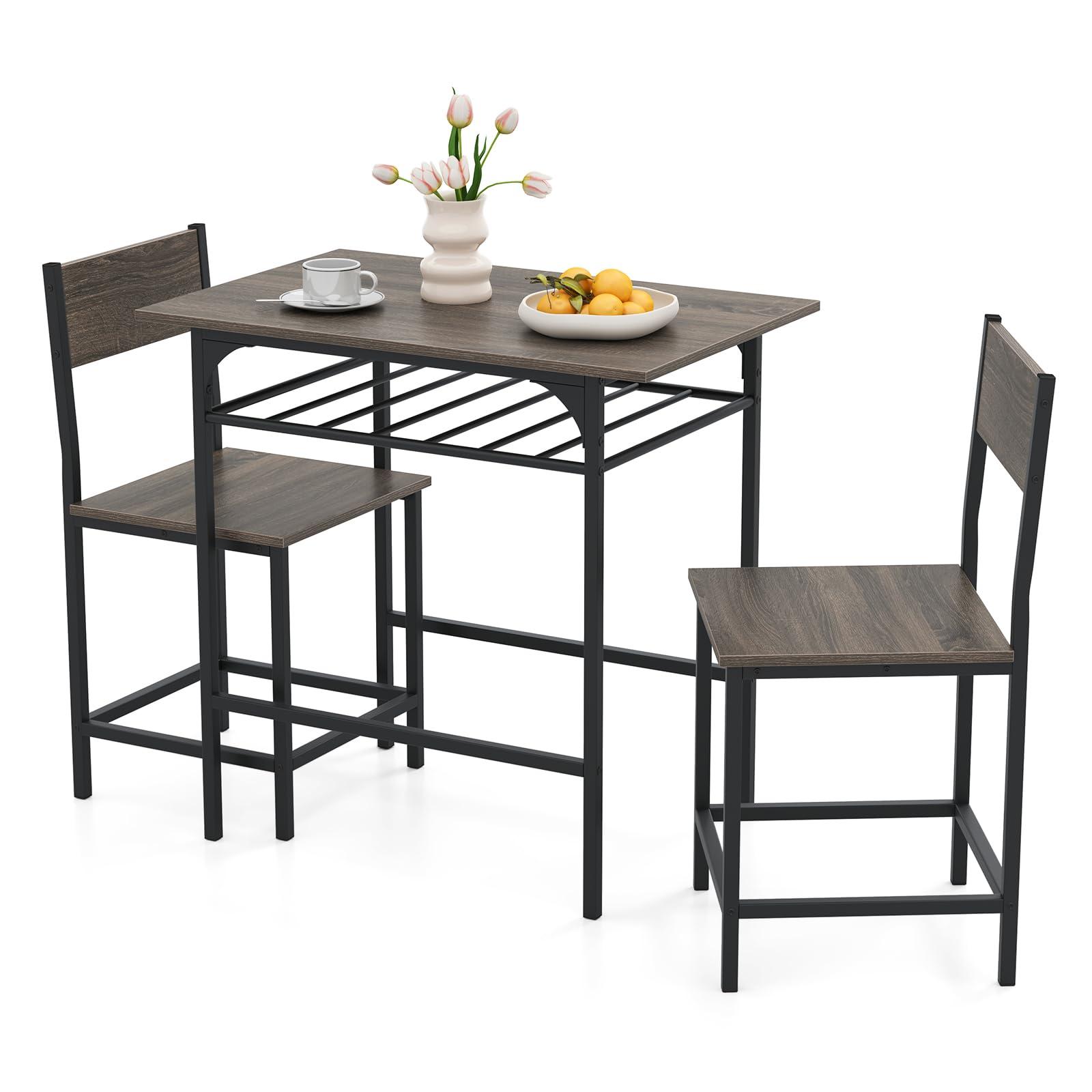 GOFLAME 3-Piece Dining Table Set for 2, Rectangular Wood Kitchen Table & Chair Set with Metal Frame, Storage Rack, Space-Saving Dinette Set for Breakfast Nook, Dining Room, Small Space, Grey - Image 9
