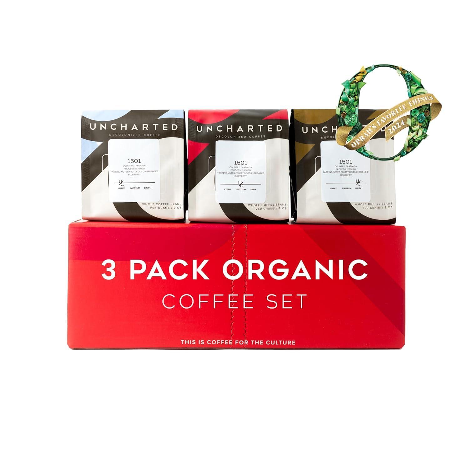 Single-Origin Organic Coffee Beans Gift Box, Light, Medium or Dark Roast Organic Whole Bean Coffee, 3 Pack Explorer, 9 oz each, 1740 Peru by Uncharted Coffee