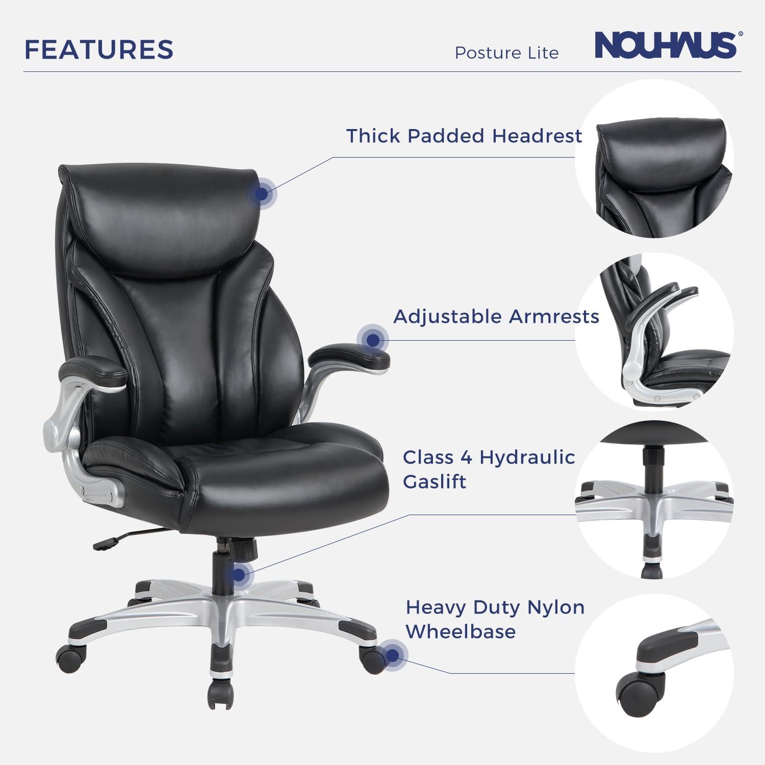 Nouhaus Big and Tall Desk Office Chair with Lumbar Support, High Back PU Leather Ergonomic Office Chair, Executive Desk Chair Computer Chairs with Adjustable Flip-up Armrests (Posture Lite,Black) - Image 3
