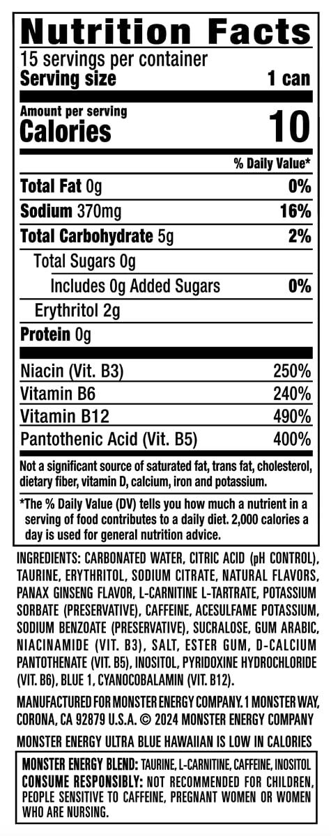 Monster Energy Ultra Blue Hawaiian, Sugar Free Energy Drink, 16 Ounce (Pack of 15) - Image 4