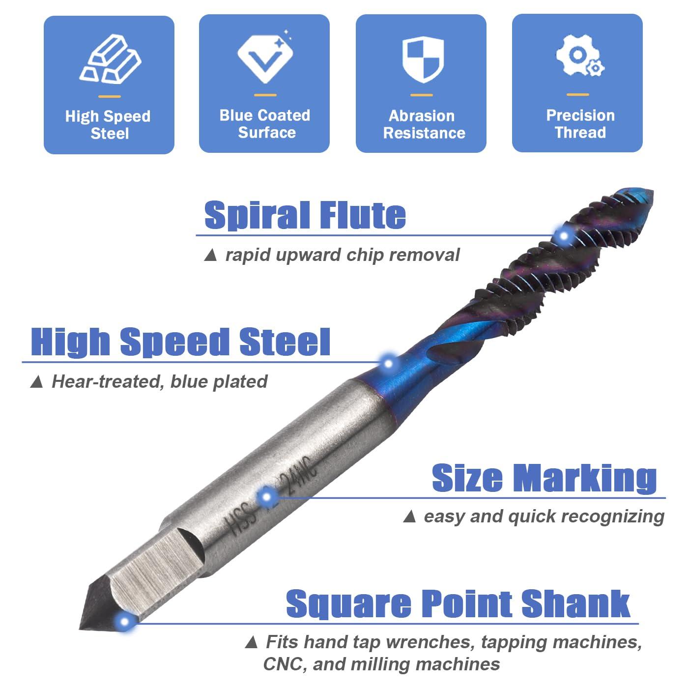 Mesee 6 Pieces Spiral Flute Tap Set SAE Size Nano Blue Coated HSS Machine Screw Taps 6-32NC 8-32NC 10-24NC 10-32NC 12-24NC 1/4-20NC Screw Threading Tap Drill Bits Thread Tapping Tool - Image 2