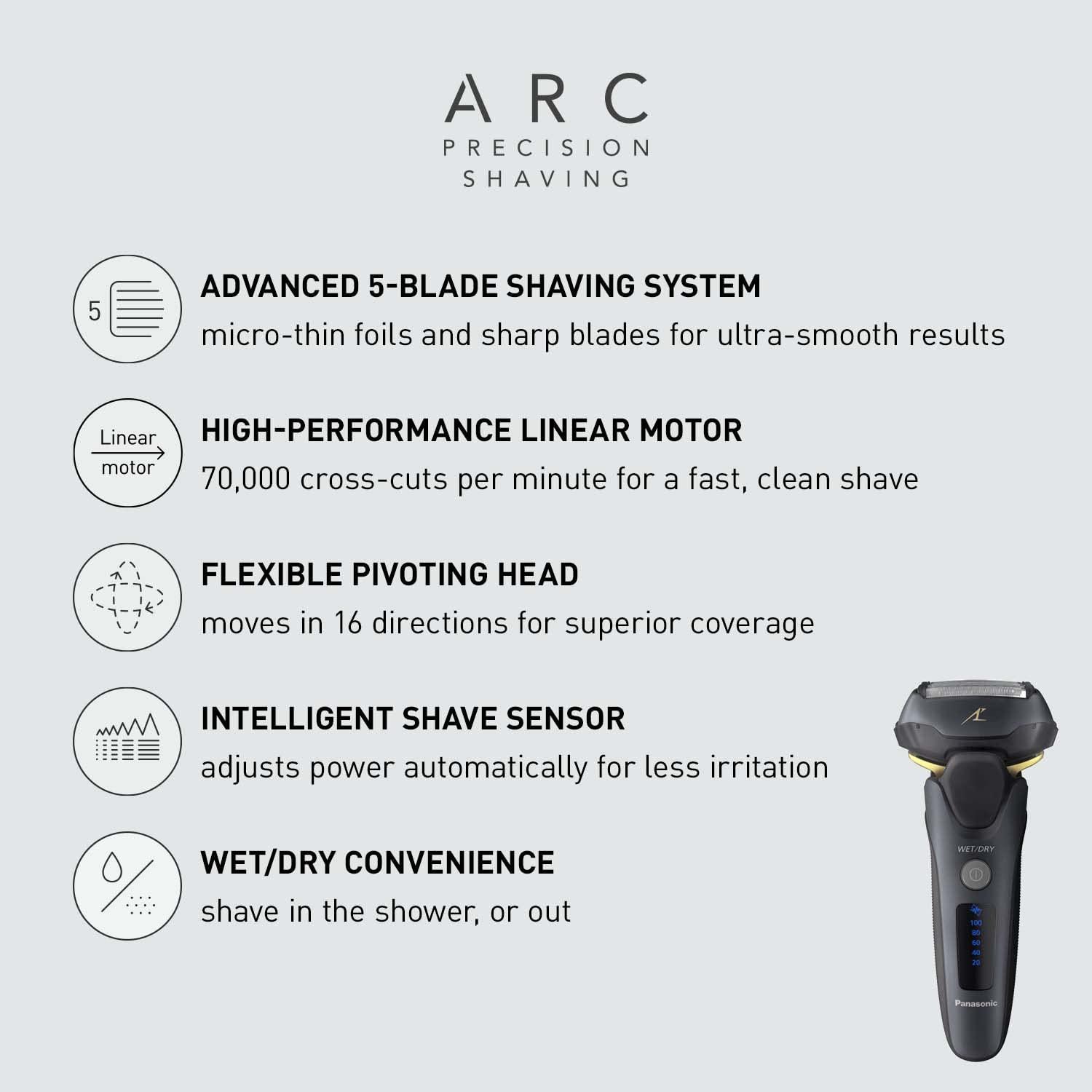 Panasonic ARC5 Electric Razor for Men with Pop-up Trimmer, Wet Dry 5-Blade Electric Shaver with Intelligent Shave Sensor and 16D Flexible Pivoting Head - ES-LV67-K (Black) - Image 2