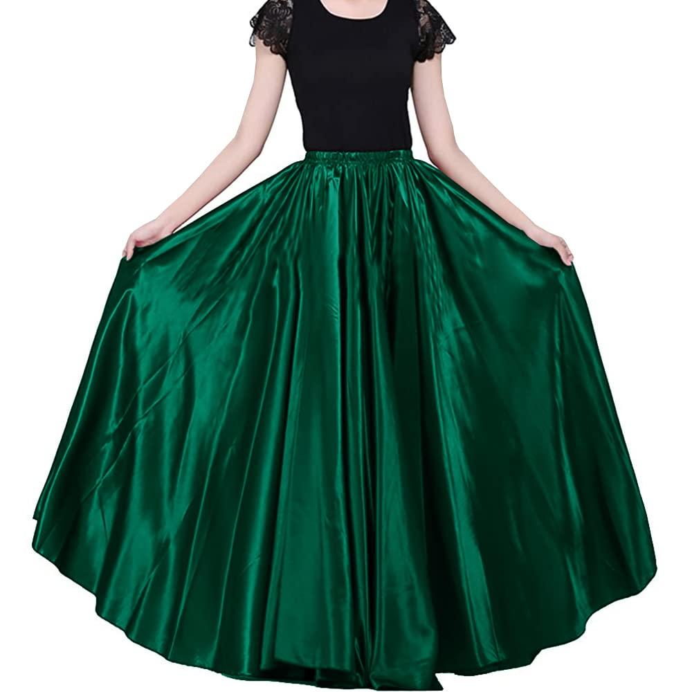 Ladies 90cm Satin Maxi Midi Skirt Long Dress Elastic Waist for Belly Dance Princess Party Cosplay Costume