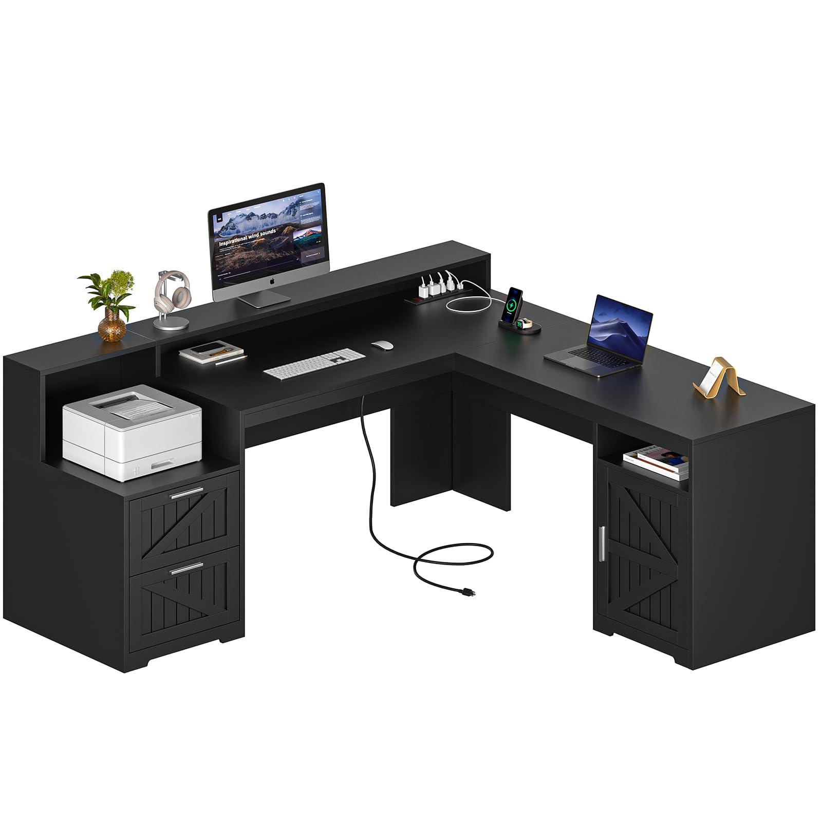 YOMILUVE 63" Farmhouse L Shaped Desk with Drawers & Storage Shelf, Corner Computer Desk with Power Outlets for Home Office, Executive Desk with Monitor Stand, Printer Shelf, Black