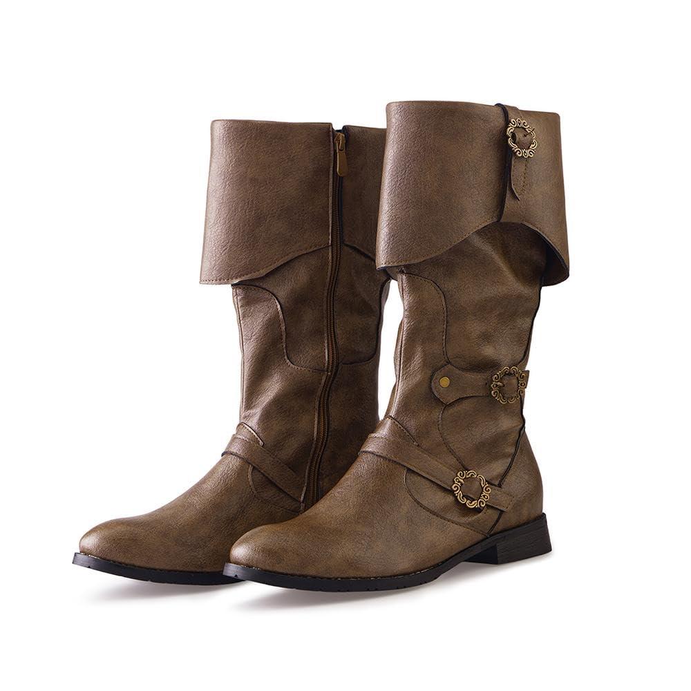 DUNHAO COS Men's Faux Leather Medieval Boots Viking Pirate Costume Boots Renaissance Faire Cosplay Shoes