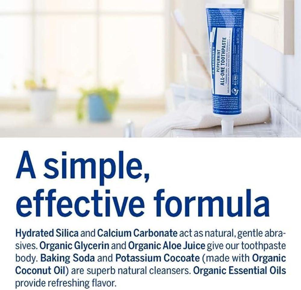 Dr. Bronner’s All-One Toothpaste Pack of 3– Peppermint, 5 oz– Fluoride-Free Toothpaste for Adults, SLS-Free, 70% Organic & Natural Ingredients, Vegan, Helps Freshen Breath & Reduce Plaque - Image 2