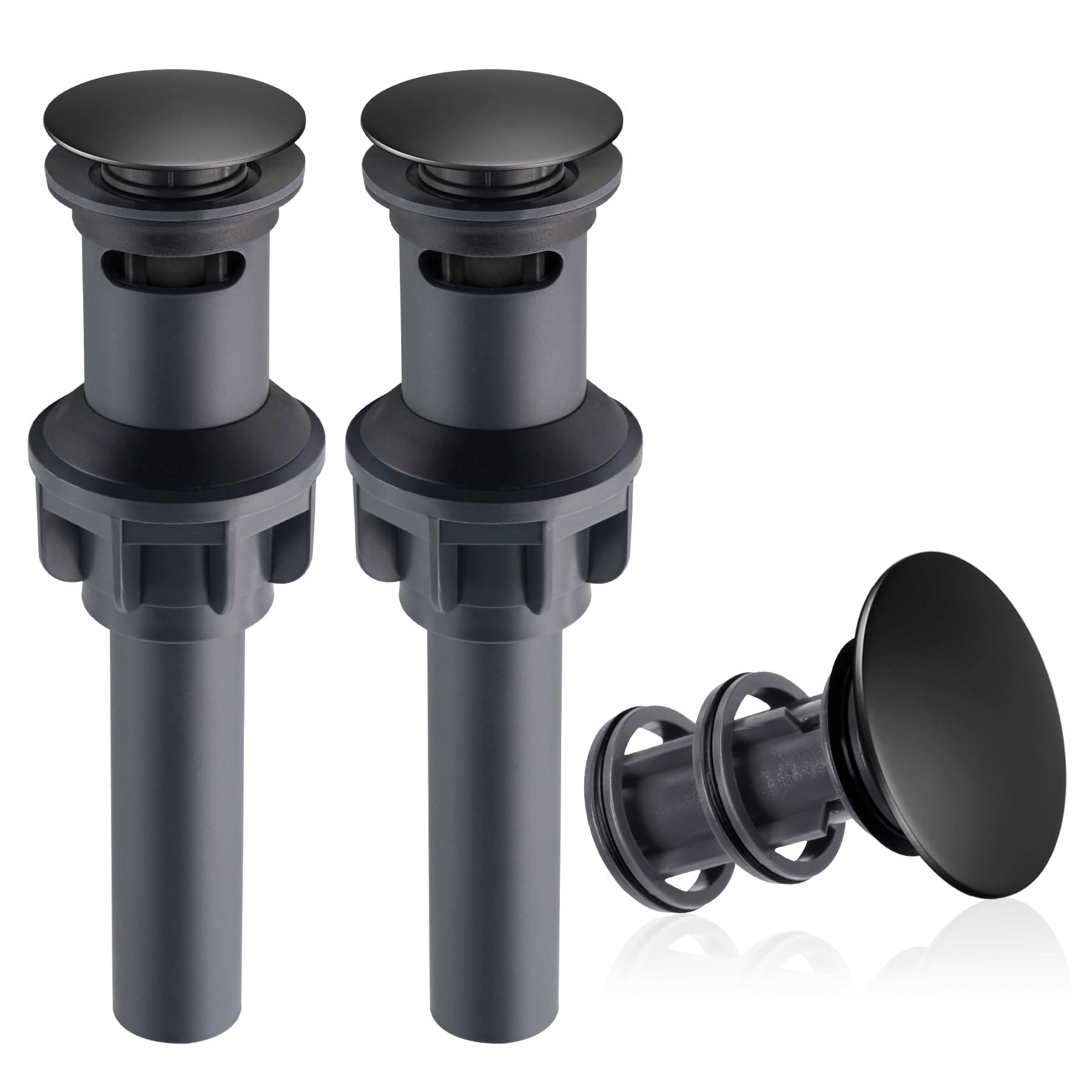 Hibbent 2 Pack Universal Bathroom Sink Drain Stopper, Pop Up Drain Strainer with Overflow, Push and Seal Sink Plug with Basket for Lavatory Vanity Vessel, Anti-Clogging Strainer, Matte Black