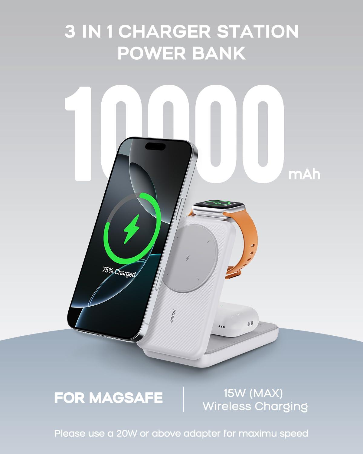 RORRY Portable Charger, 3-in-1 Charging Station 10000mAh Portable Charger Power Bank for MagSafe Foldable Battery Pack Travel for iPhone 16/15/14/13/12, for Apple Watch 10/9/8/7/6/5/Ultra/2, White - Image 2