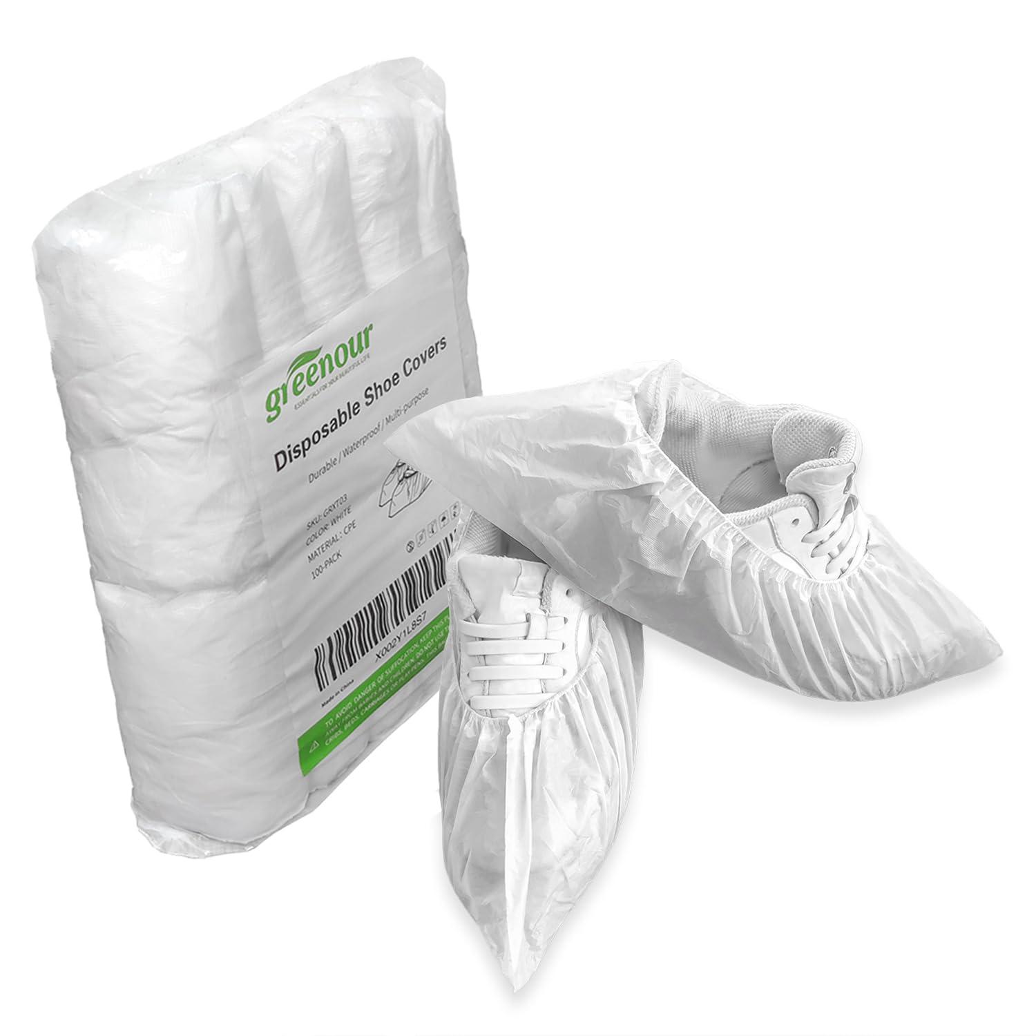 Greenour Shoe Covers Disposable 100 PCS (50 Pairs) Waterproof and Durable for Indoors Plastic Boot Covers White