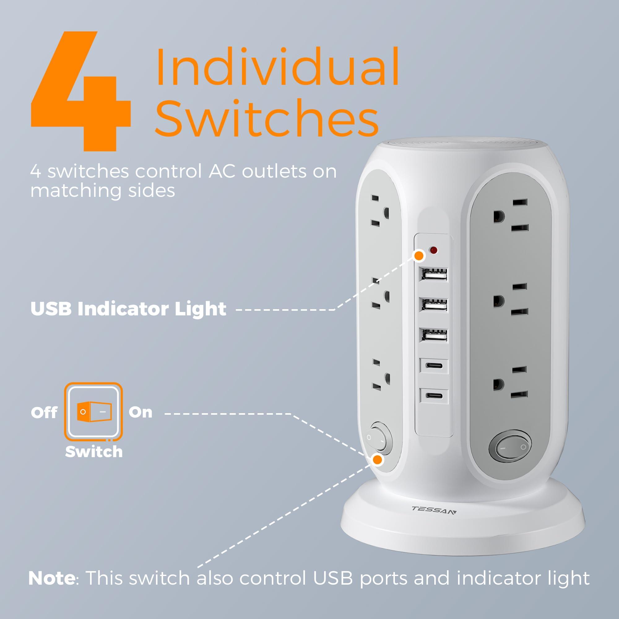 Tower Power Strip with Individual Switches, TESSAN Surge Protector with 12 Outlets, 5 USB Ports(2 USB C), Flat Extension Cord 10 Ft, Flat Plug, Charging Station for Multiple Devices, for Office, Dorm - Image 3