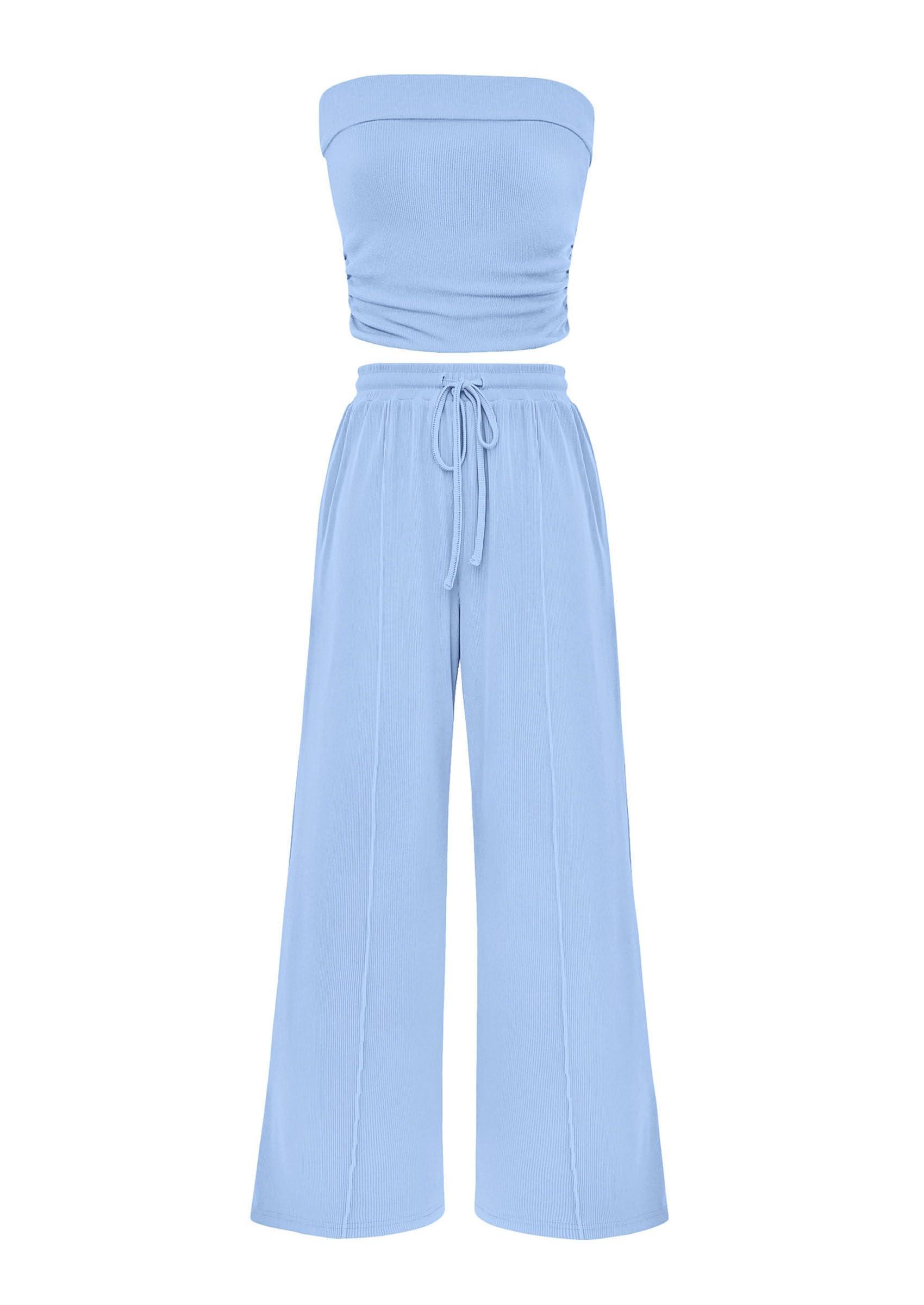 PRETTYGARDEN Womens Summer Outfits 2 Piece Sets Casual Ribbed Knit Crop Tube Top Wide Leg Pants Spring Matching Lounge Set